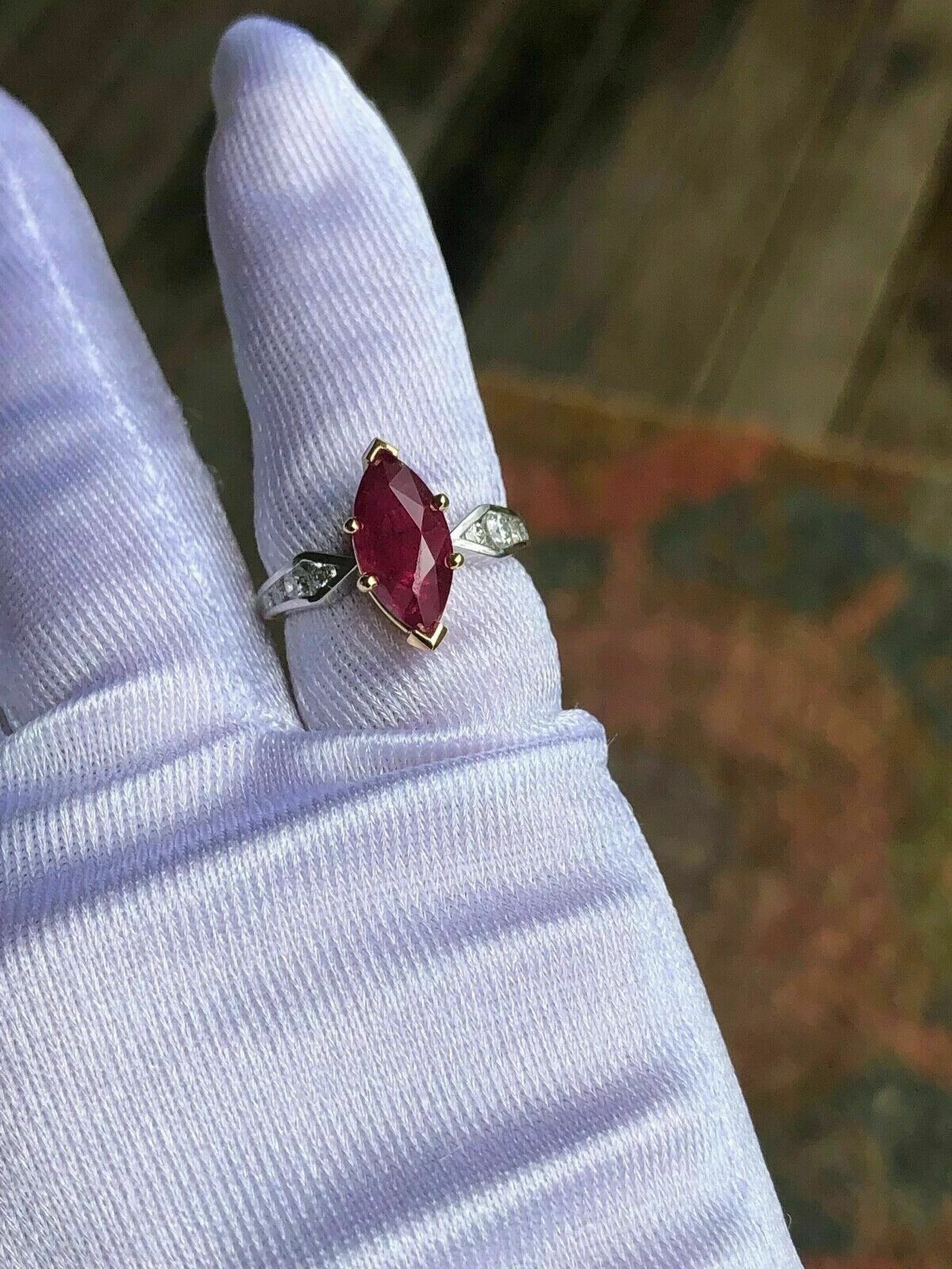 Art Deco Marquise Cut Ruby Lab Created Diamond 14K White Gold FN Engagement Ring