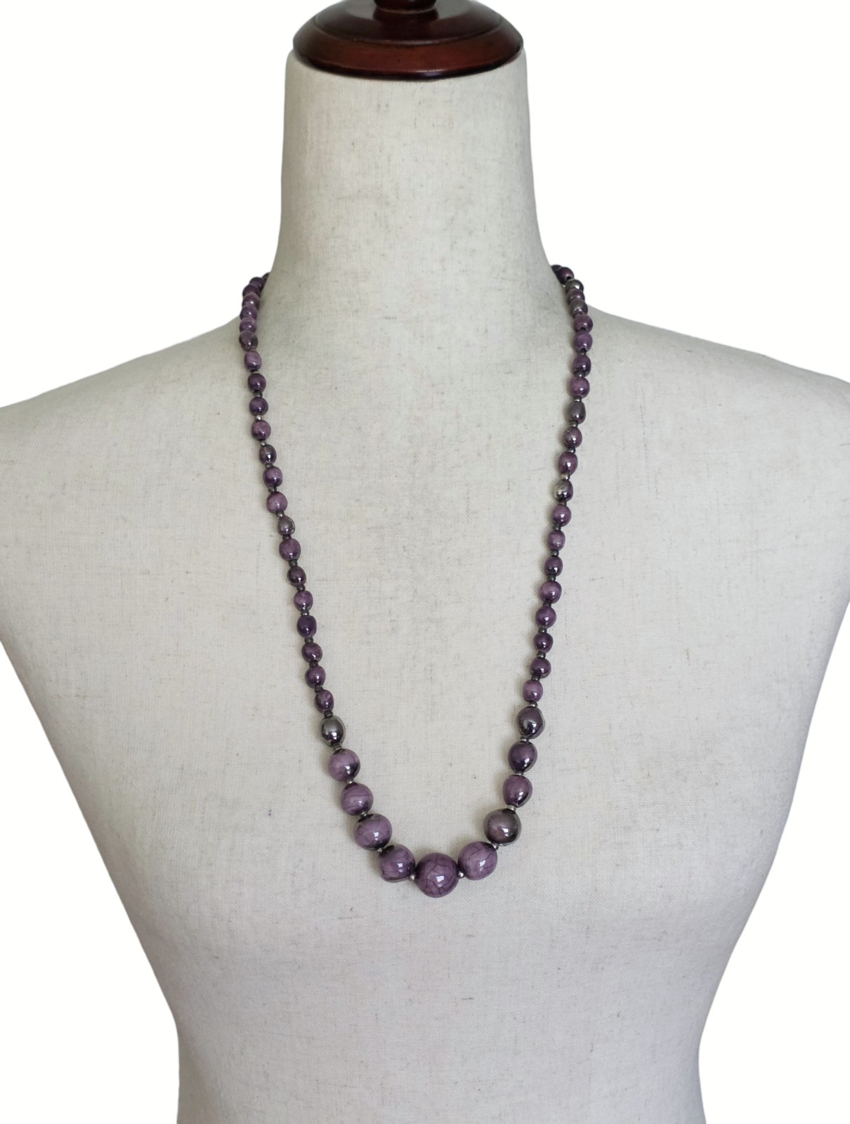Vintage Sterling Silver Purple Ceramic Beaded Necklace 30″ Long Metallic
