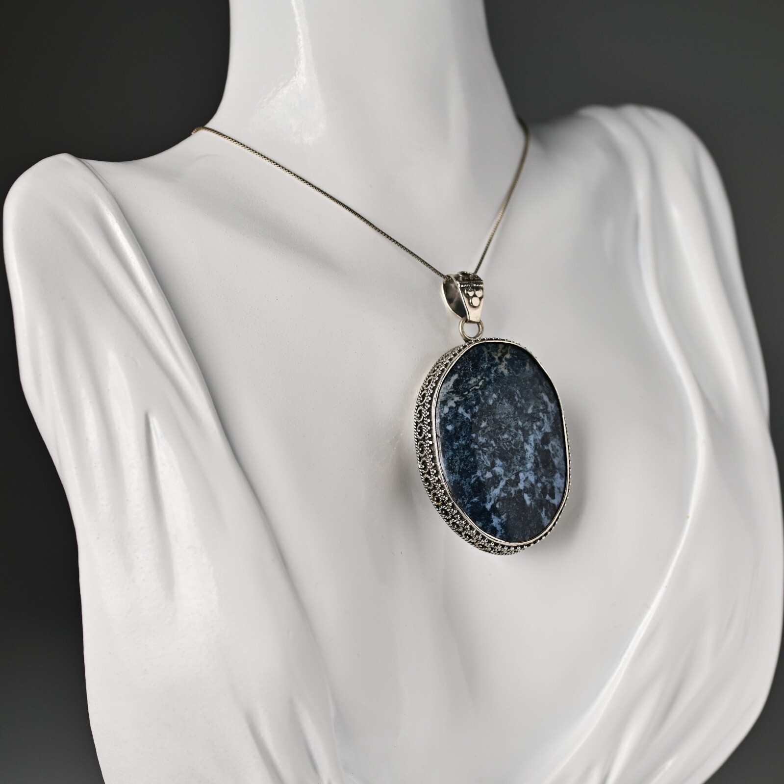 Vintage Original Sterling Silver Dumortierite Gemstone Pendant Estate Necklace