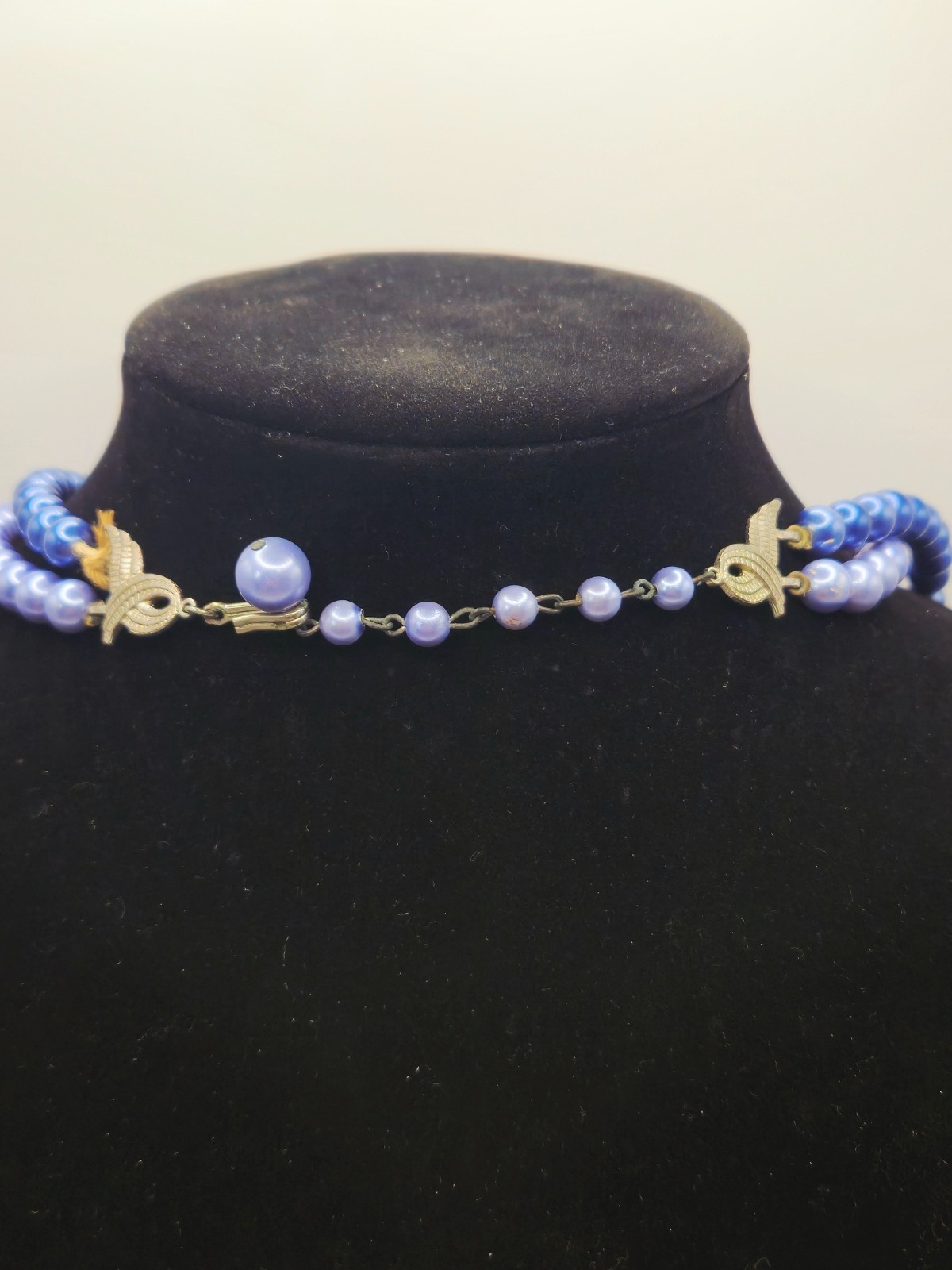 Vintage Double Strand Blue Faux Pearl Necklace Graduated Beads Hook Clasp