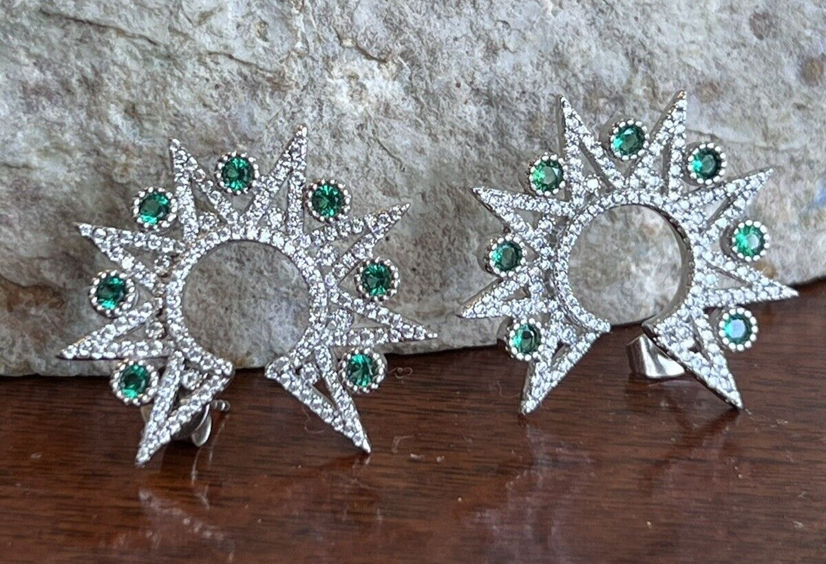 Vtg Sterling Star Point Statement Earrings, Emerald Green & Clear CZ Settings