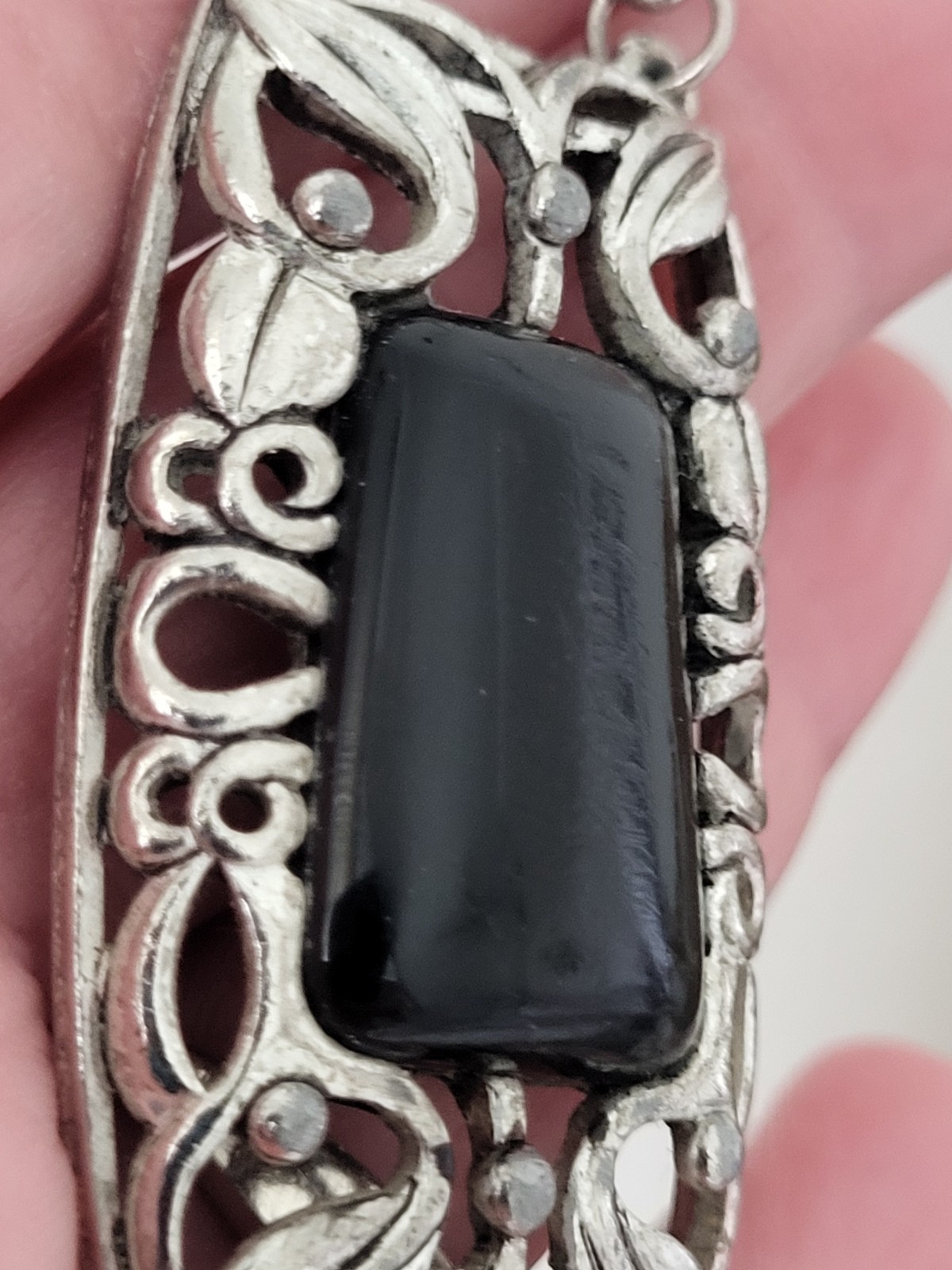 Vintage Wheat Chain Filigree Rectangle 2.5″ Pendant Resin Stone 15″