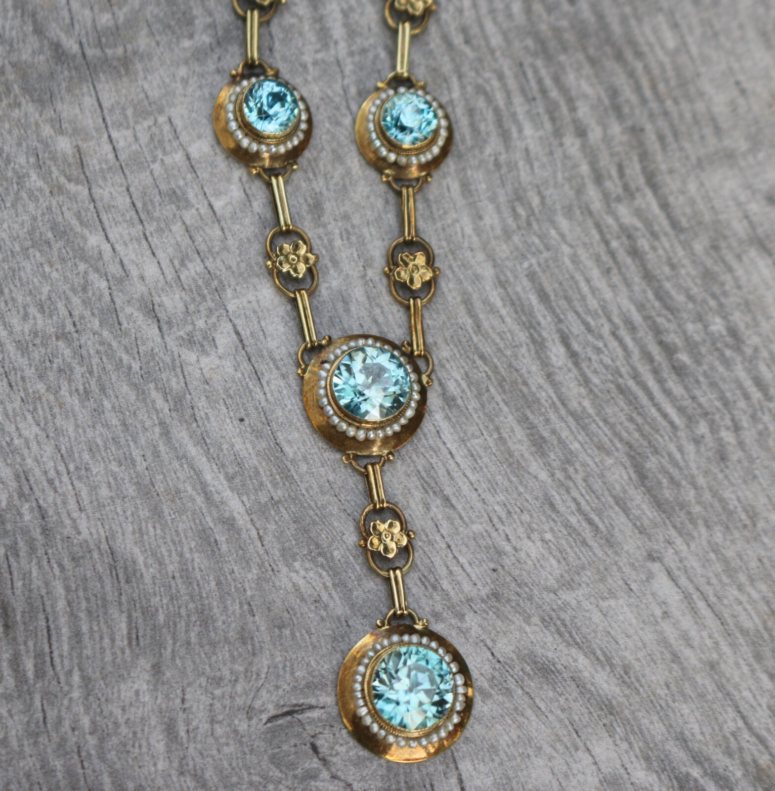 Antique Edwardian 14K Gold Round Vivid Blue Zircons with Seed Pearls Necklace