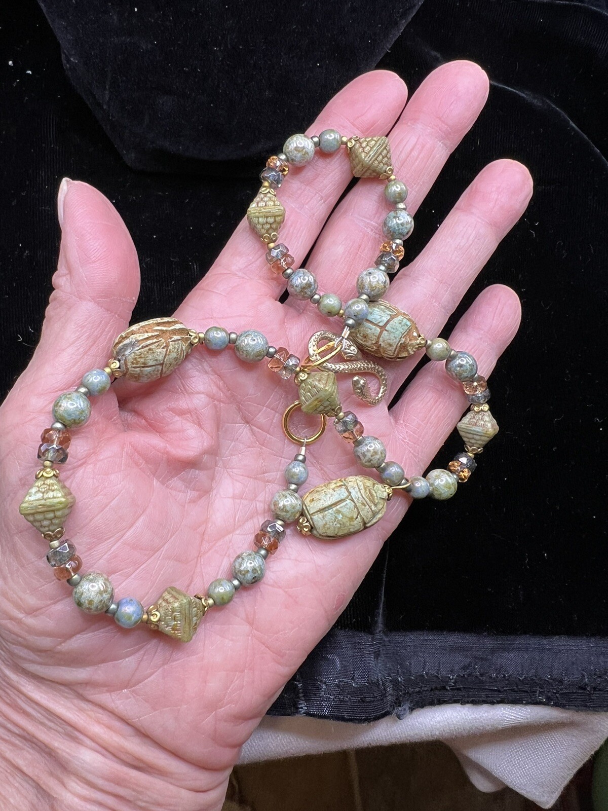 Egyptian Revival Faience Scarab Pendant Necklace 925 Snake Clasp NEW