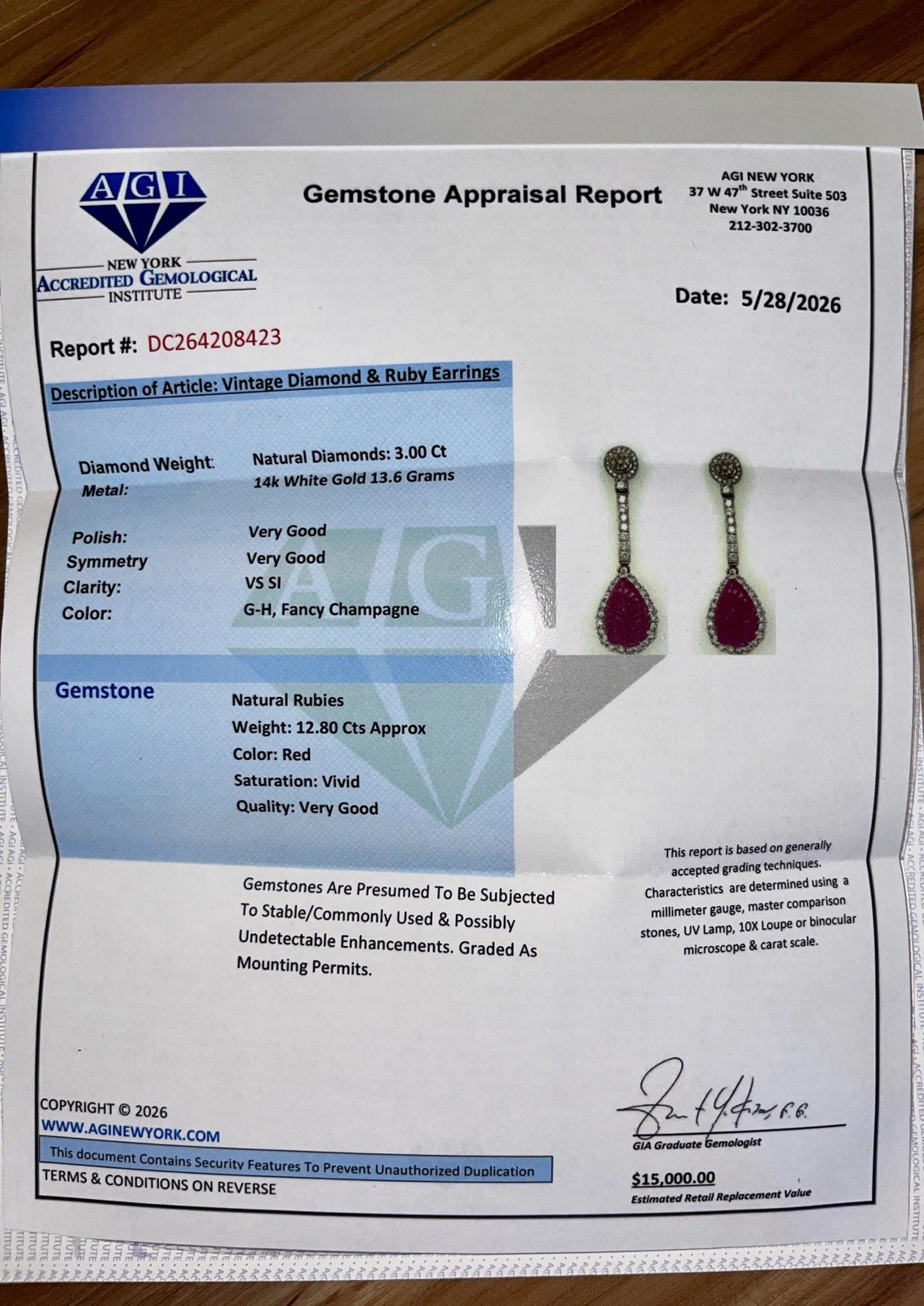 Large 14K Solid Gold Authentic Natural Ruby Diamond Leaf Earrings AGI Certified!