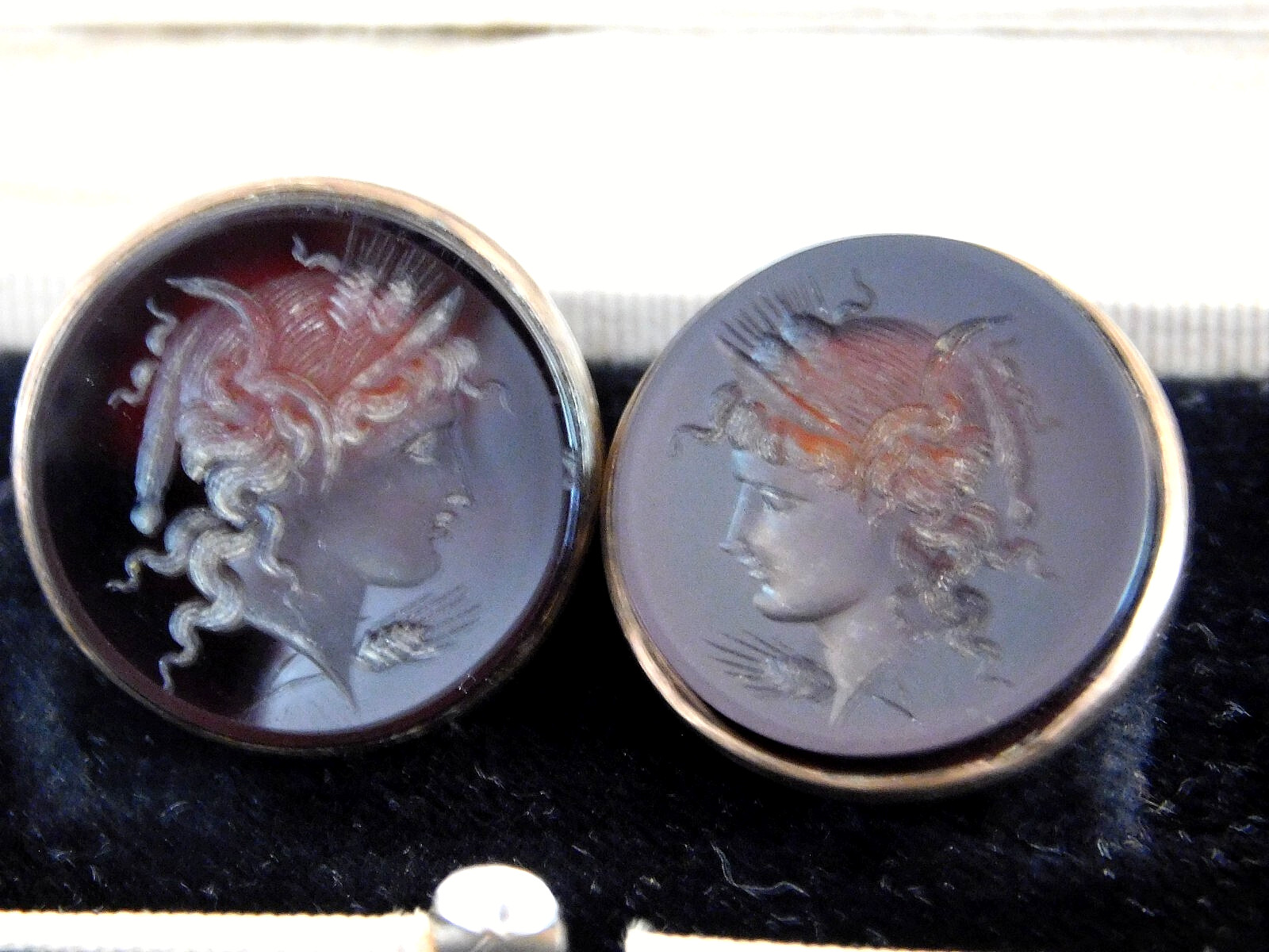 AMAZING Edwardian RENAISSANCE REVIVAL CARVED CARNELIAN CUFFLINKS, GODDESS, 1900