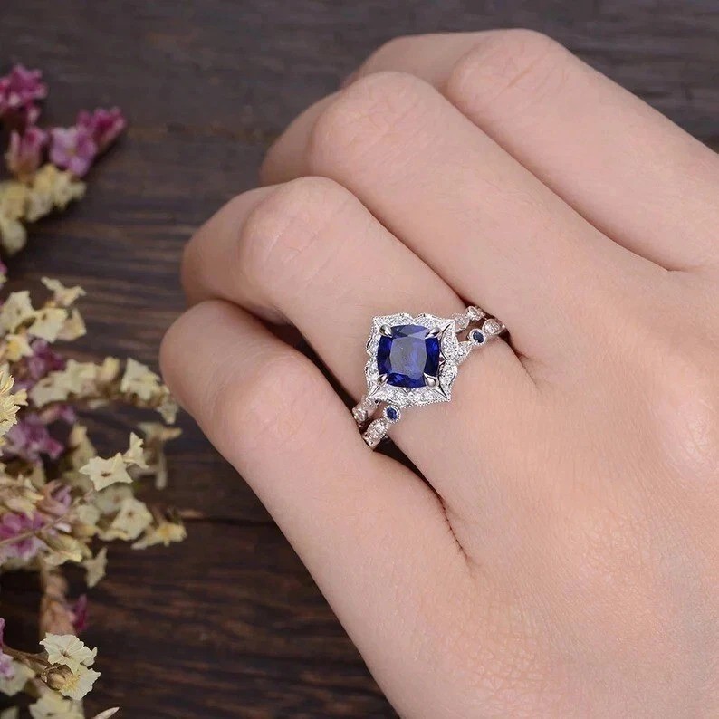 2.40CT Cushion Cut Real Blue Sapphire Vintage Wedding Halo Ring Set 925 Silver