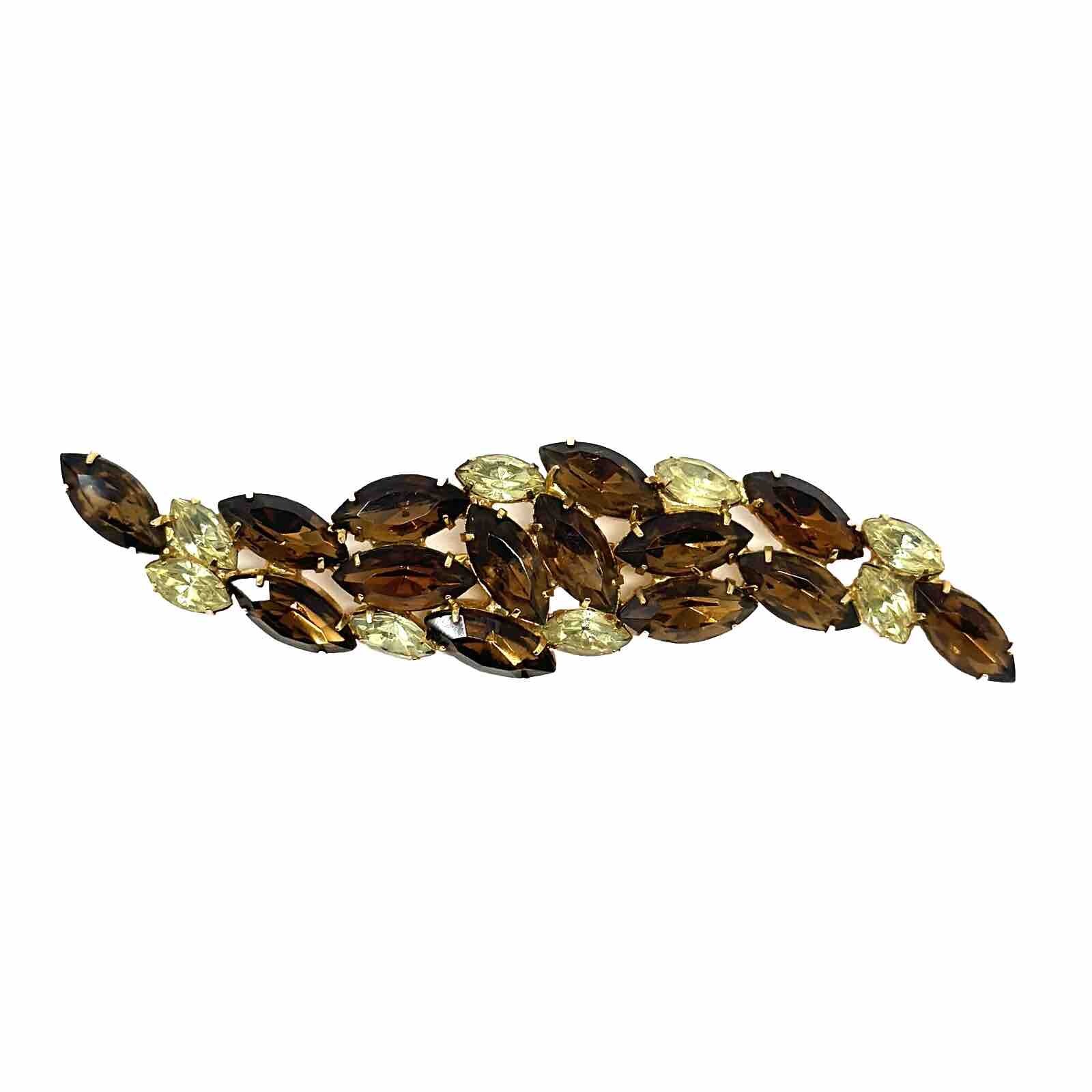 Vintage Juliana Brown Yellow Crystal Rhinestone Gold Tone Navette Brooch Pin