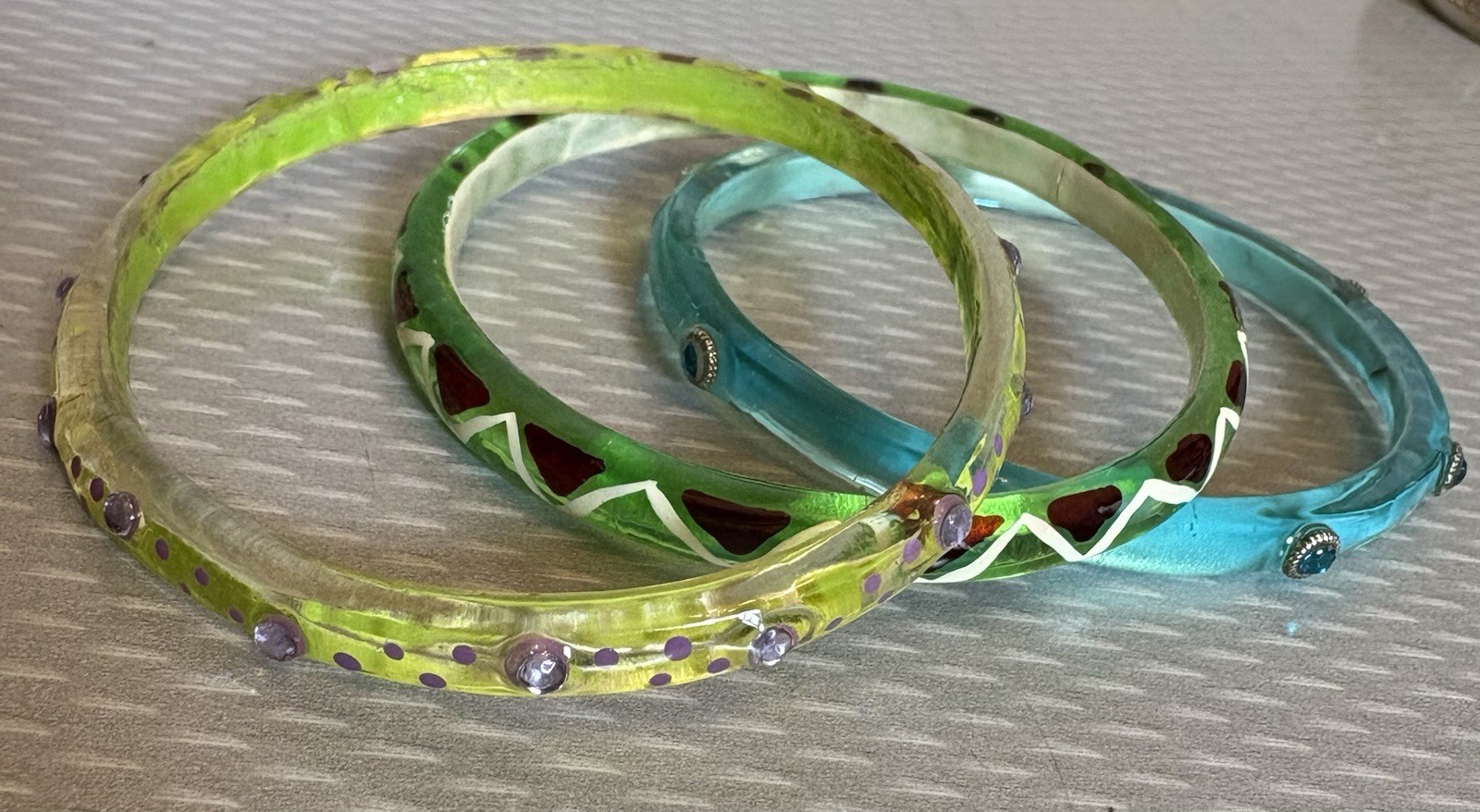 Vintage Clear Acrylic Resin Rhinestone Jewel Bangles Lot 3 Lime Green Turquoise