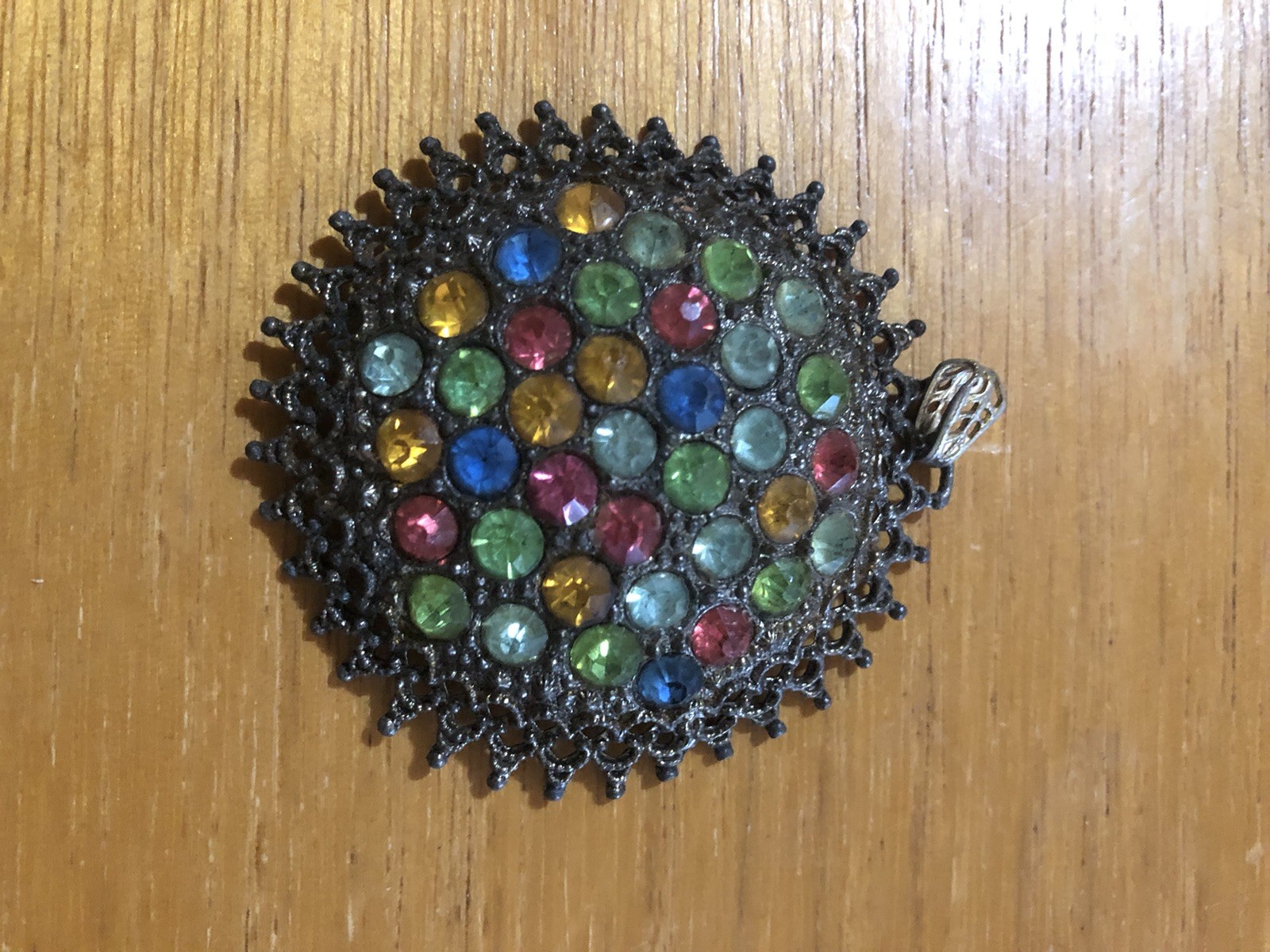 VTG. LITTLE NEMO ART DECO MULTI COLOR RHINESTONE PENDANT 2″