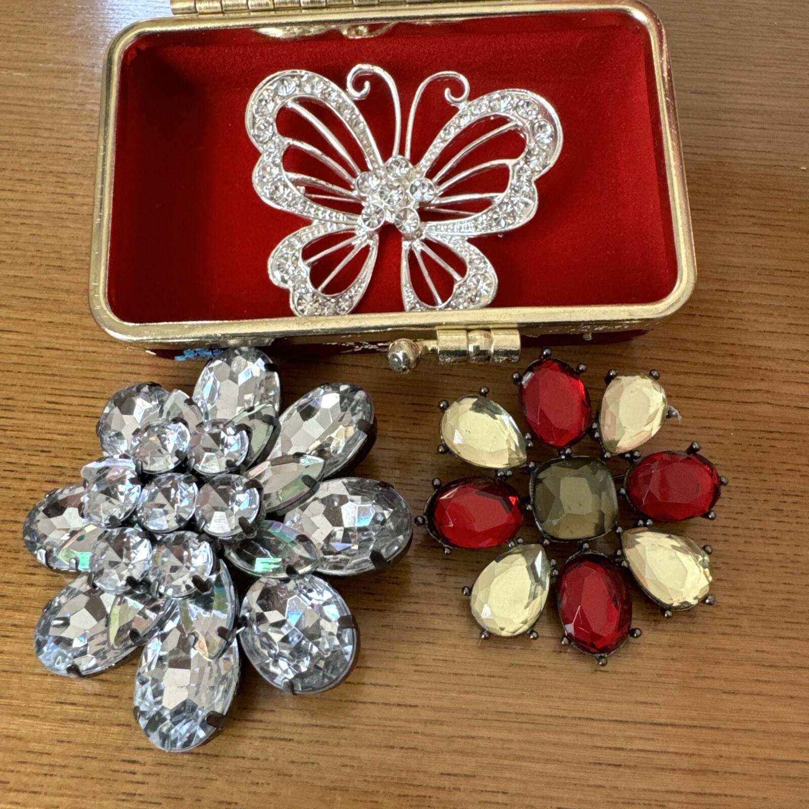 3 PIECE SPARKLING FLOWERS/Butterfly BROOCH LOT And Small Case See Pictures
