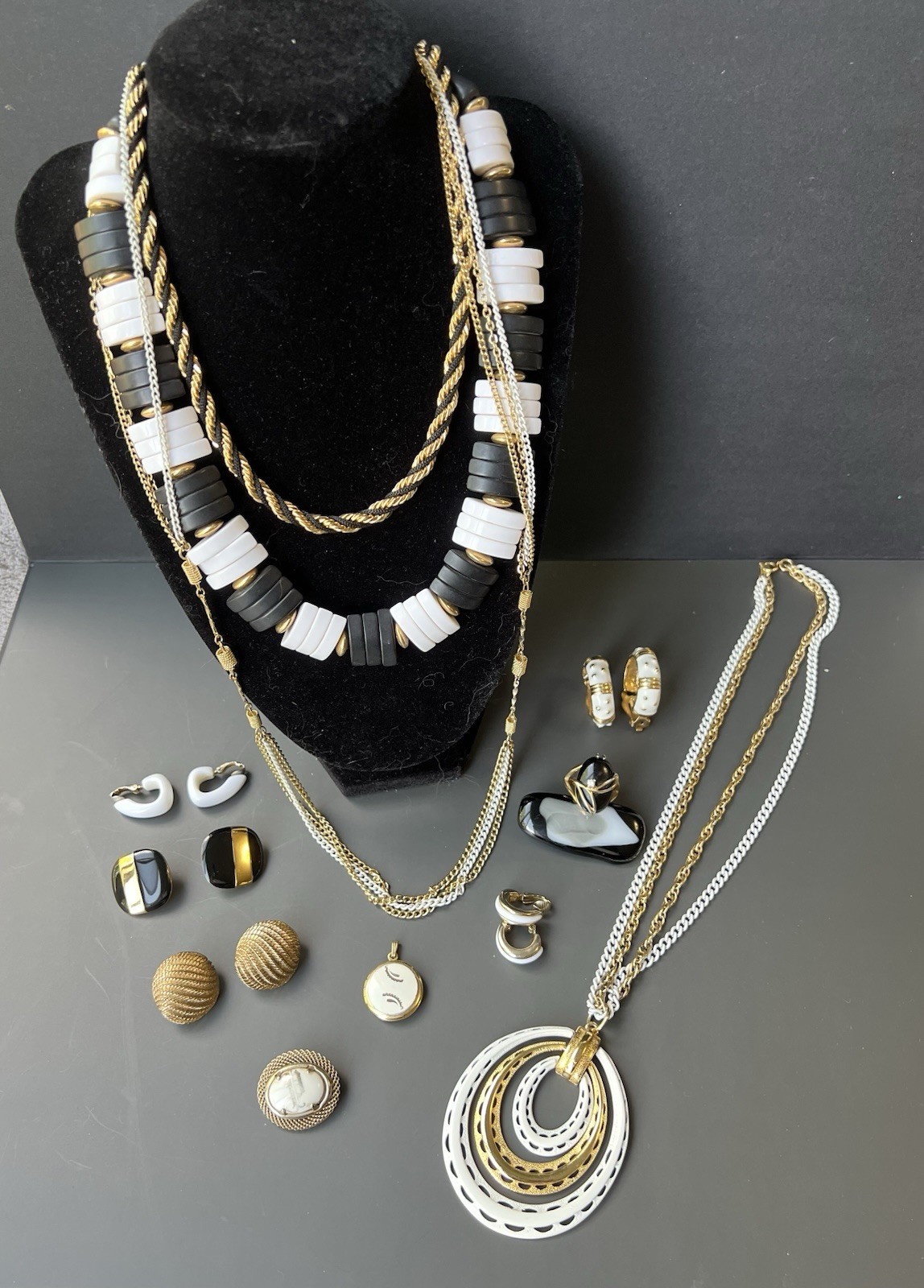 Vintage Black, White, & Gold Jewelry Lot Incl Avon, Sarah Coventry, Monet