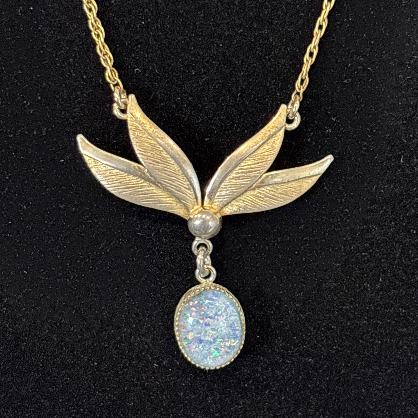 Delicate 1/20 12KGF Opal Pendant 16”Necklace Flower Leaf Design Vintage Marked