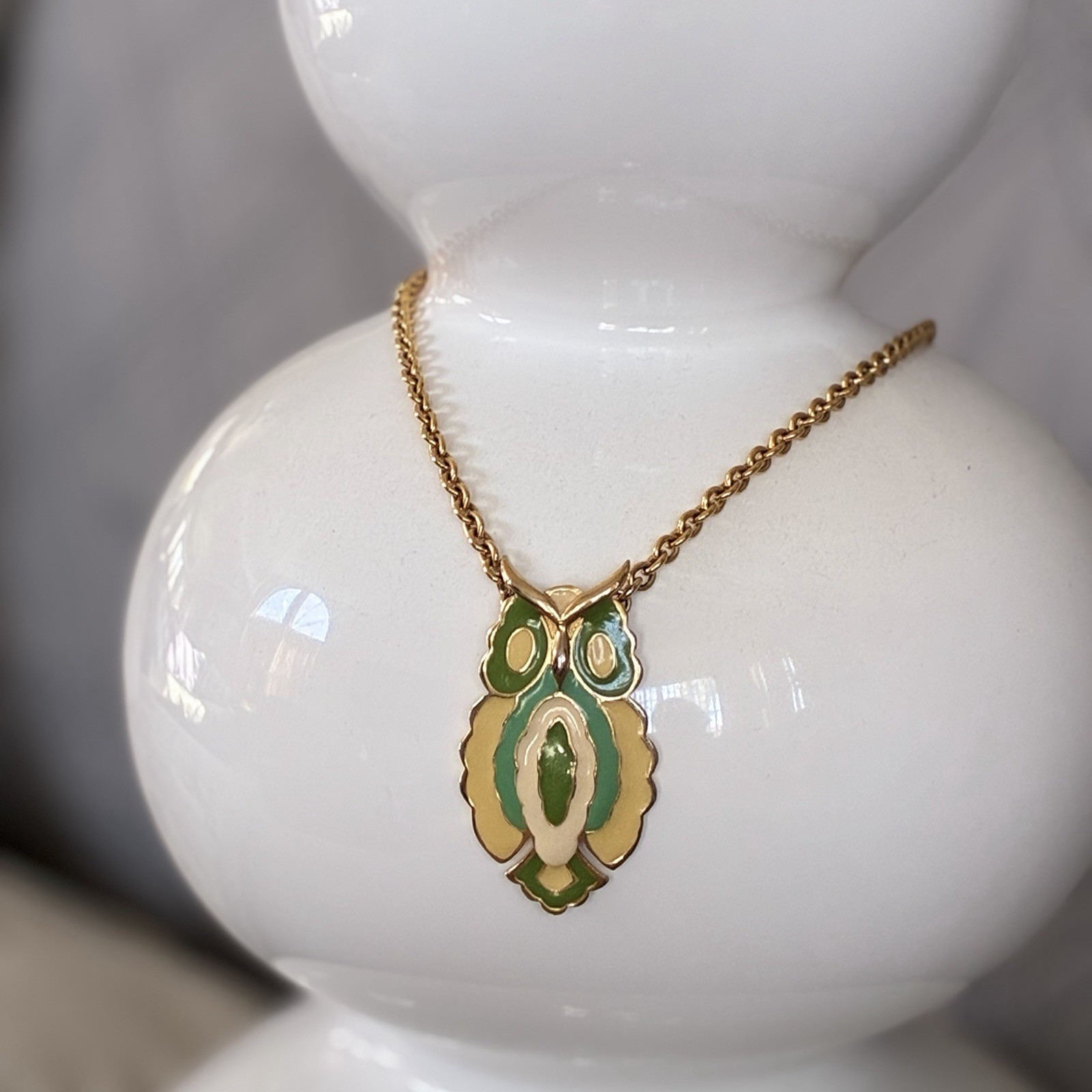 Vintage Owl Pendant Necklace “Eisenberg-style” Abstract Enamel Gold-tone 18”