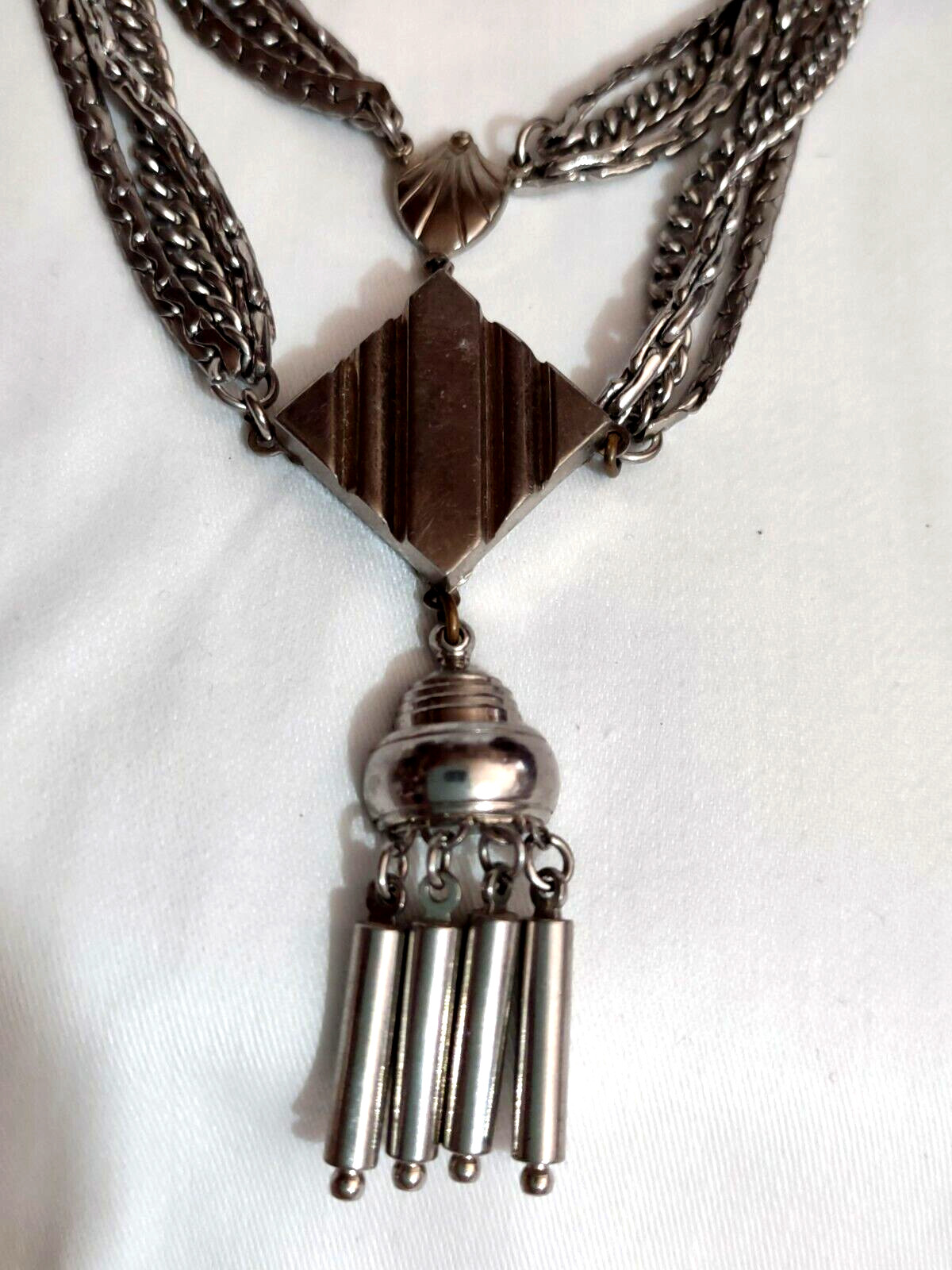 VTG Silver Tone Dbl 3-Strand Necklace 18″ No Mark Metal Tassel Goth Steam Punk