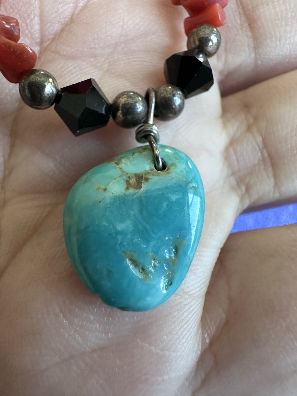 Natural Turquoise Red Coral 925 Sterling Silver Necklace Southwestern Boho