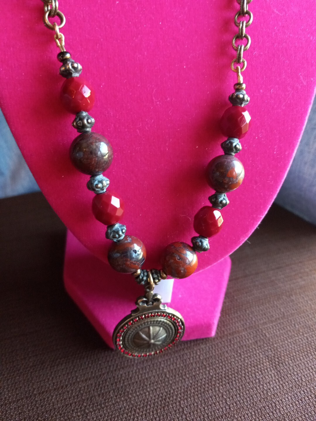 Rare Vintage Retired Grandmother Button Necklace ,Rhinestones, Marble Stones,…