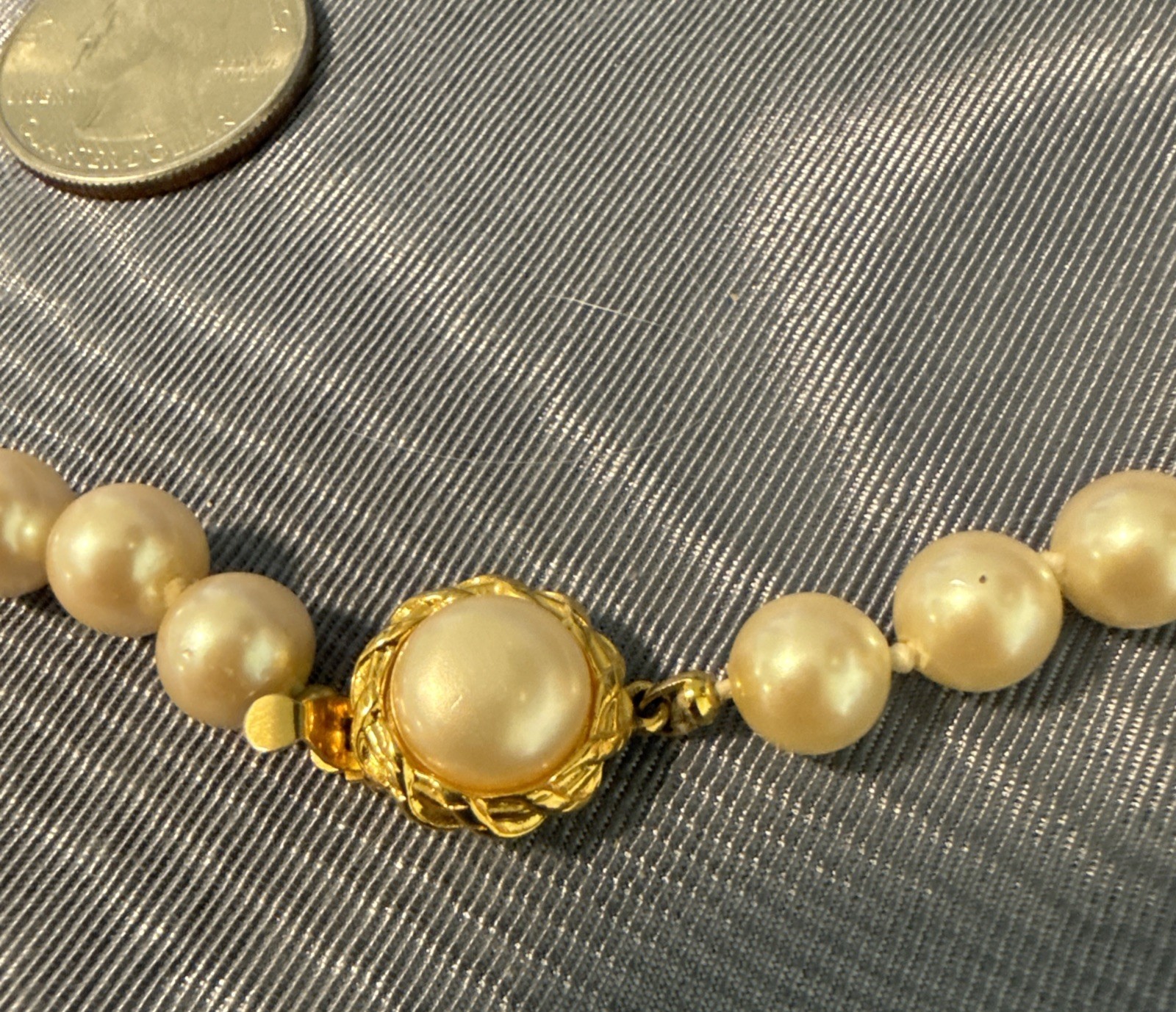 Vintage Nieman Marcus Pearl Necklace Single Strand 14k GP Box Clasp Signed
