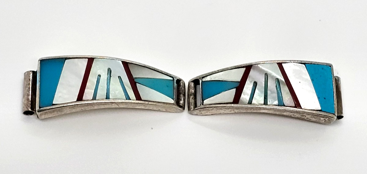 Sterling VTG Native Turquoise MOP & Coral Inlay Watch Tips 10 MM Bar Signed