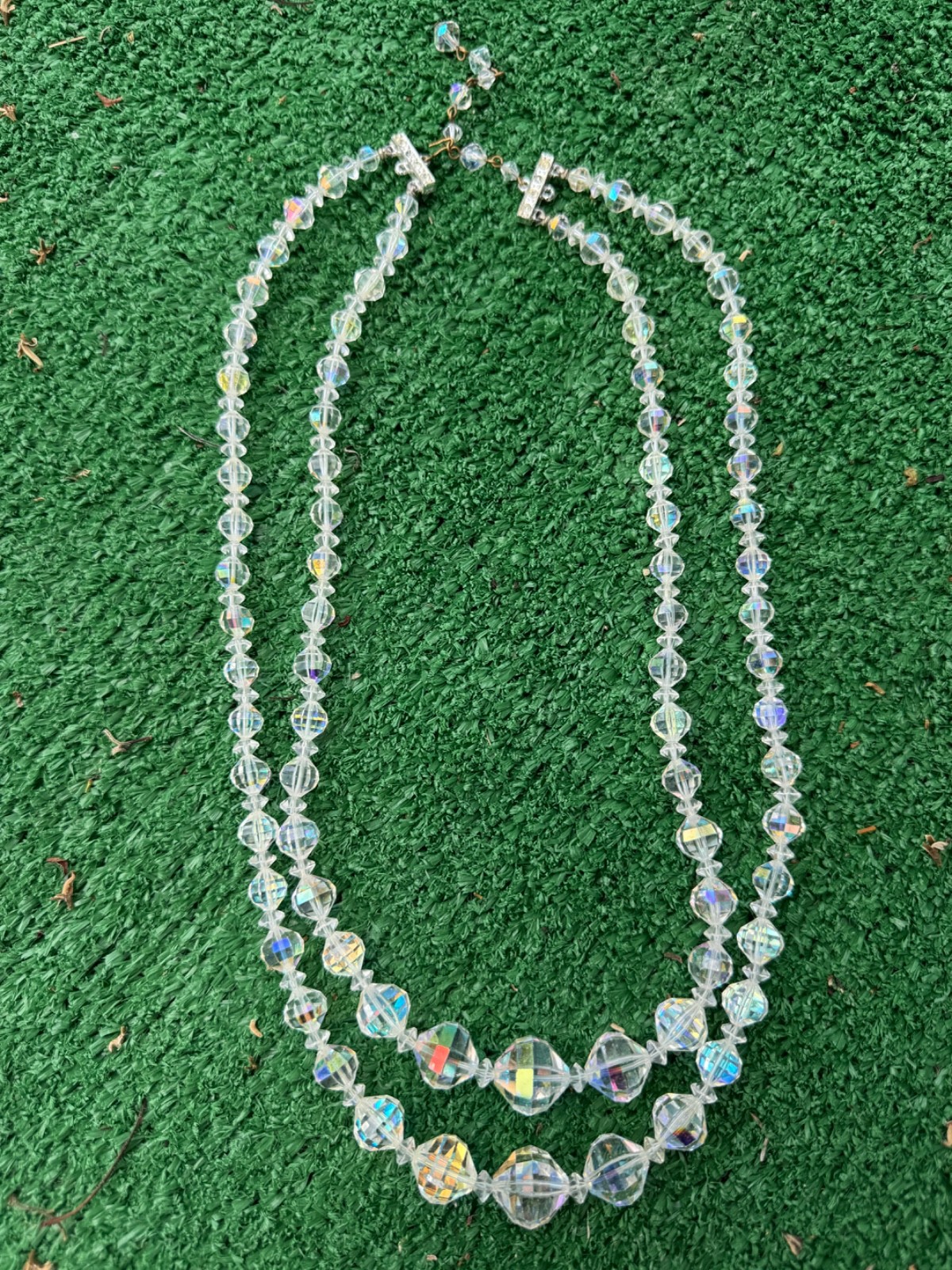 Vintage Aurora Borealis Glass Bead Necklace Single Strand 35”