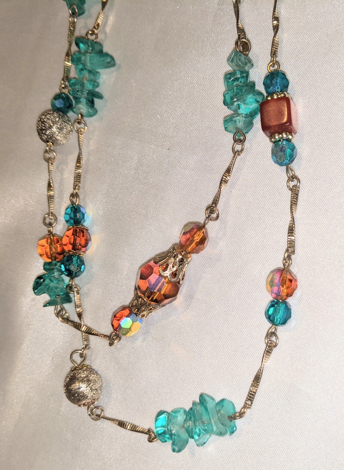 Vintage Bohemian Ethnic Long Necklace and Earrings Set AB Glass Beads Gold Tone