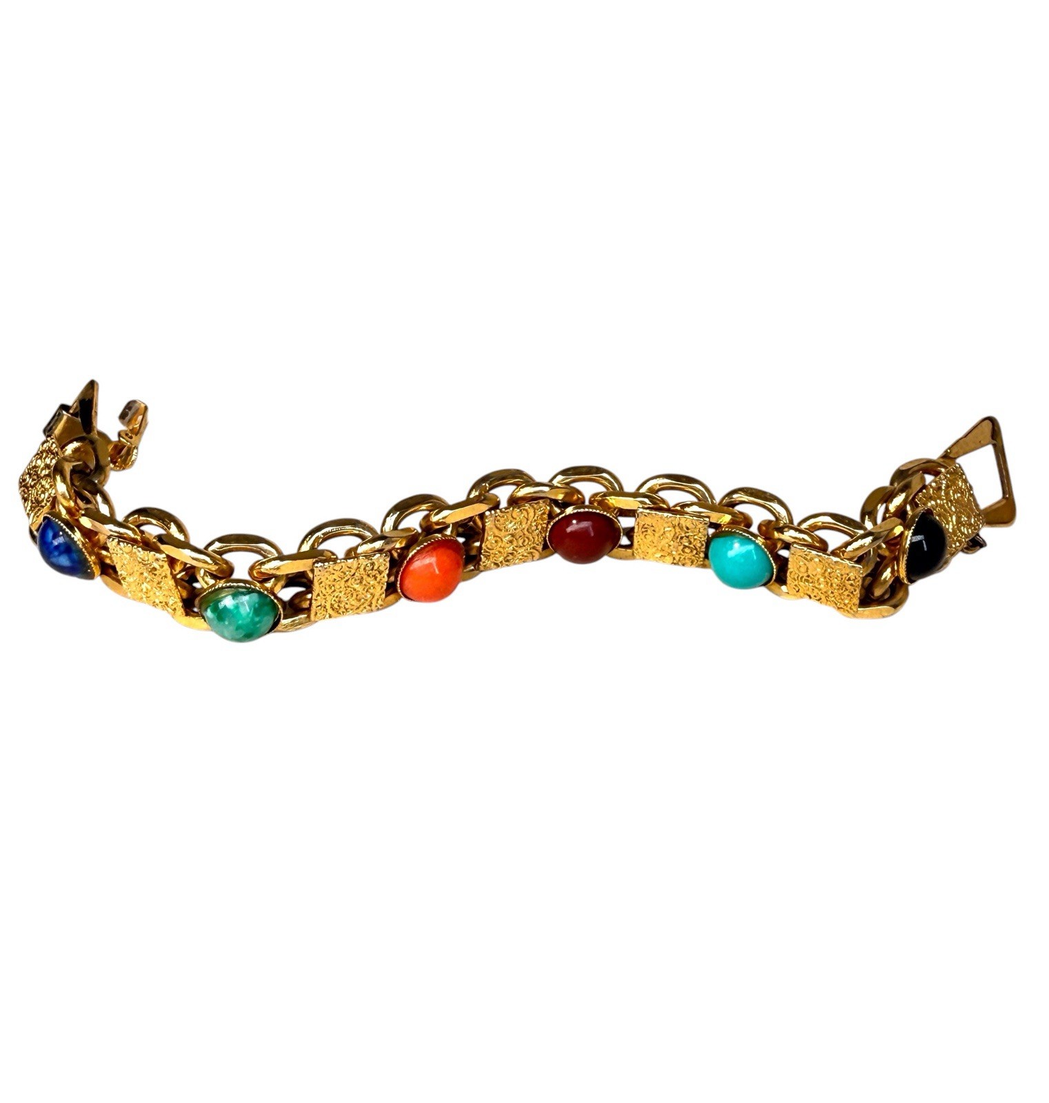 Vintage MCM Etruscan Revival Multi Color Cabochon Book Chain Bracelet 6.25″