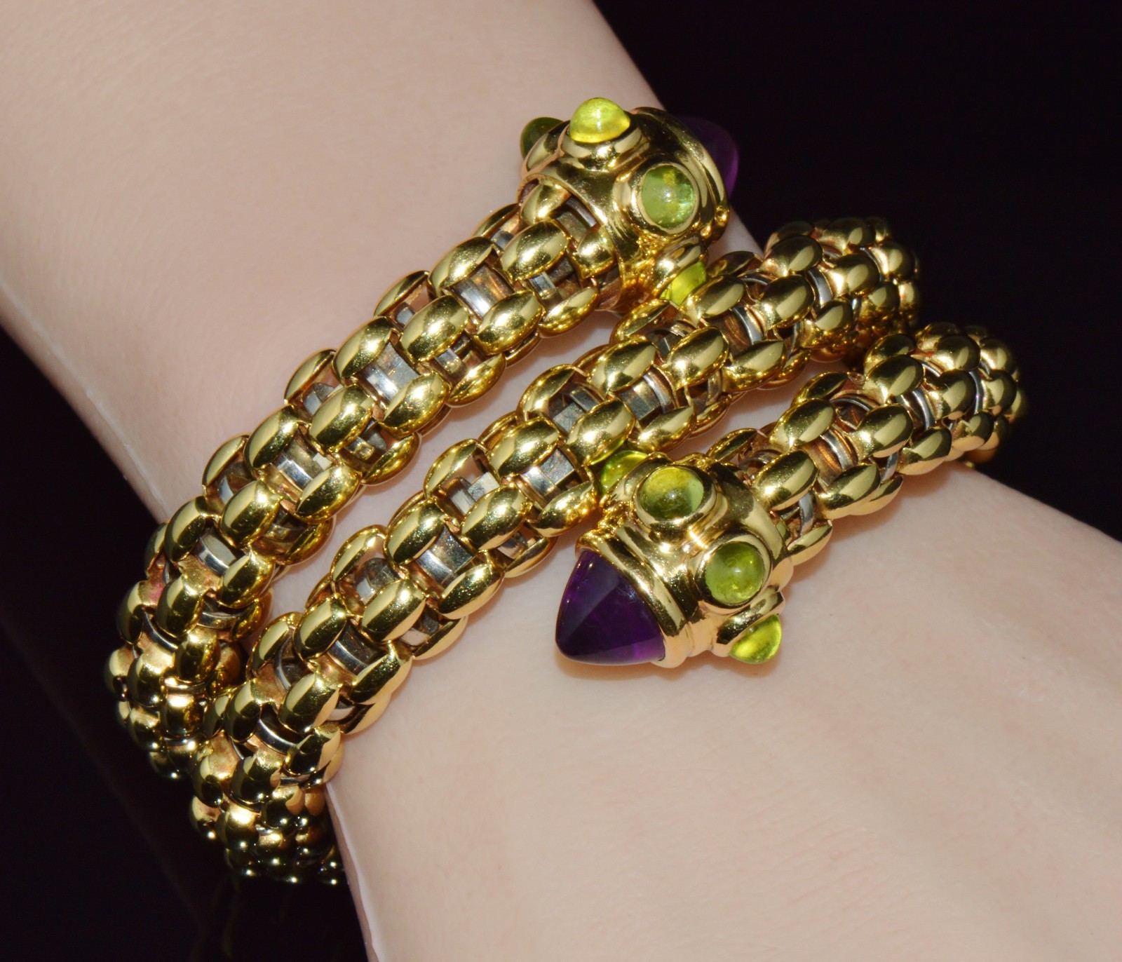 RARE VINTAGE FOPE AMETHYST 18K SOLID GOLD DOUBLE WRAP SNAKE FLEX’IT BRACELET