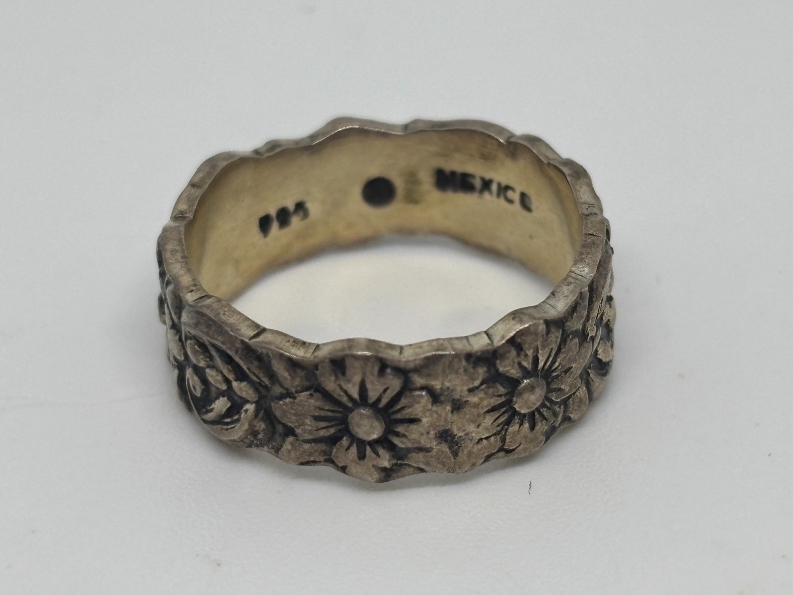 Vintage 60s Boho Flower Floral Mexico 925 Sterling Silver Wedding Band Ring 6.75