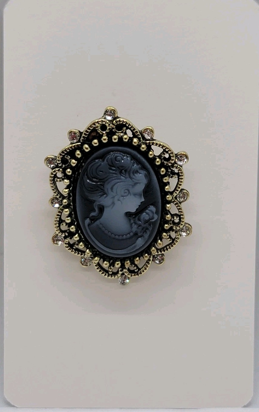 Vintage Victorian Style Cameo Brooch Pin Petite Black & Gray Rhinestone New
