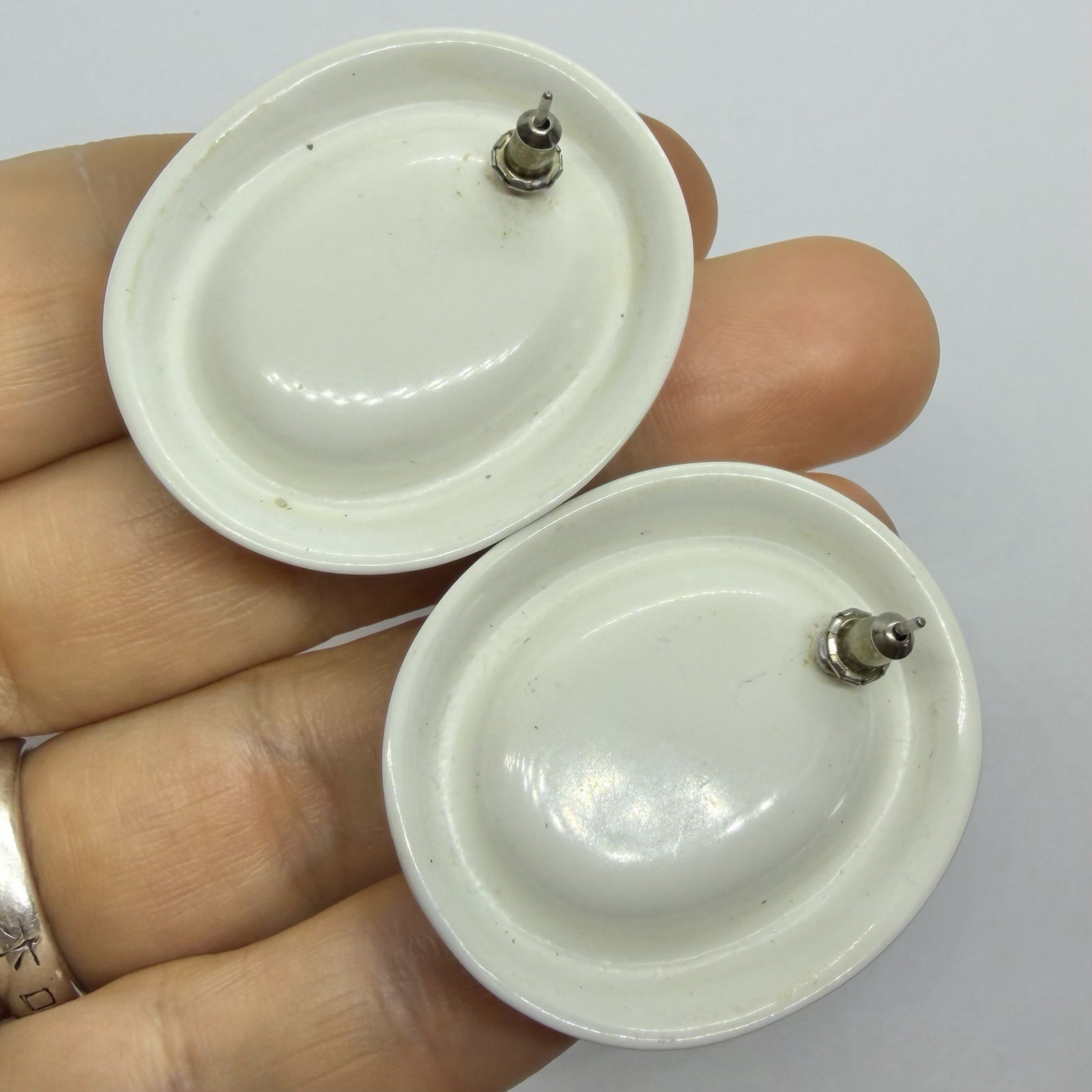 Vtg 80’s Black White Lucite Cabochon Geometric Statement Earrings Post Large Big