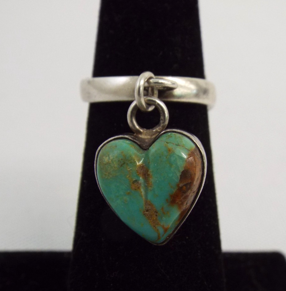 Joan Slifka Designs STERLING SILVER Turquoise Dangle Heart Ring Size 5.5 6g