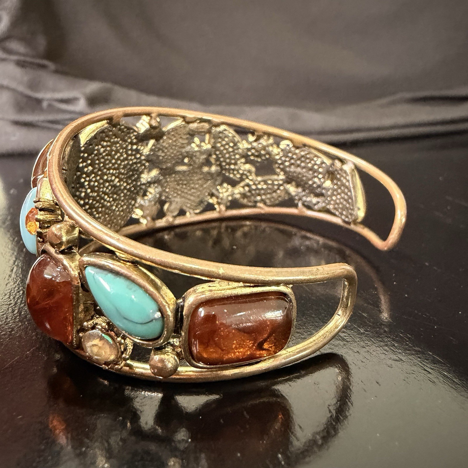 Vintage Amber Lucite Cabochon Cuff Bracelet Turquoise Glass Boho Statement 8in