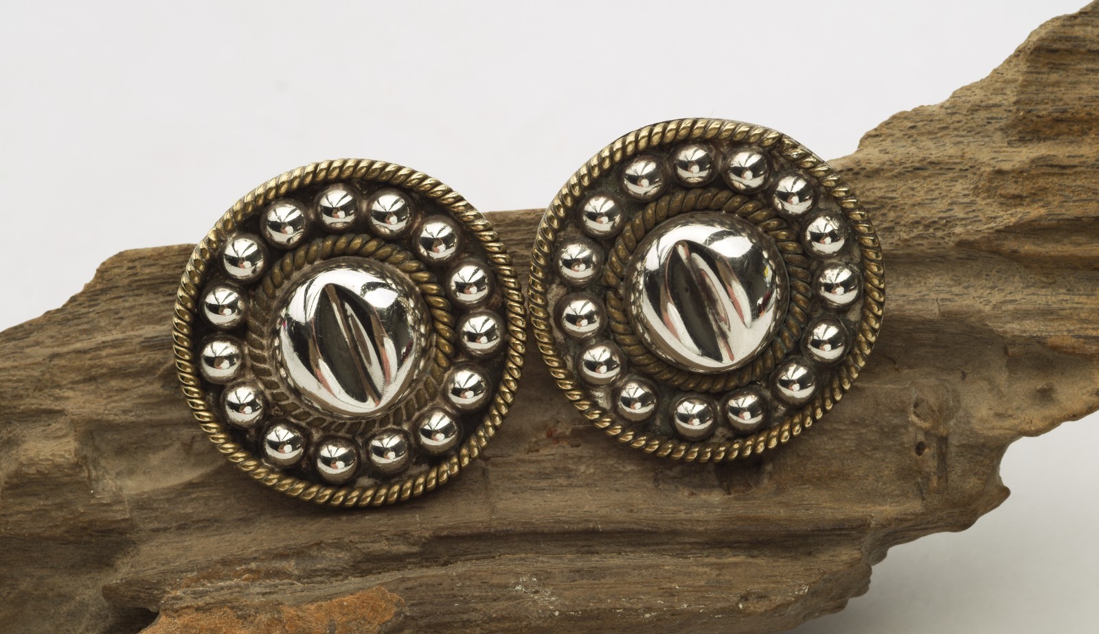 Vintage Sterling Silver Taxco Mexico 925 Two Tone Round Chunky Clip Earrings