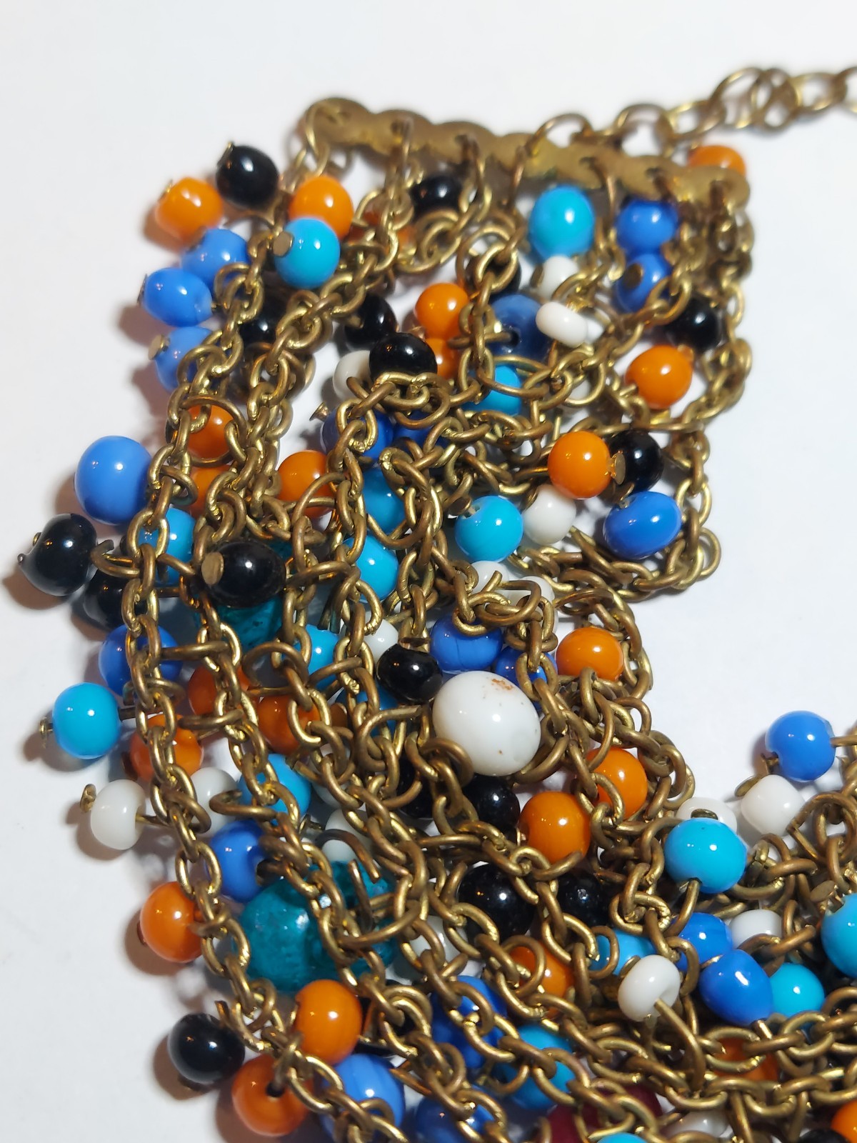 Vintage Tanjore India 7 Stand Multicolor Glass Beaded Bracelet Gold Tone 7″