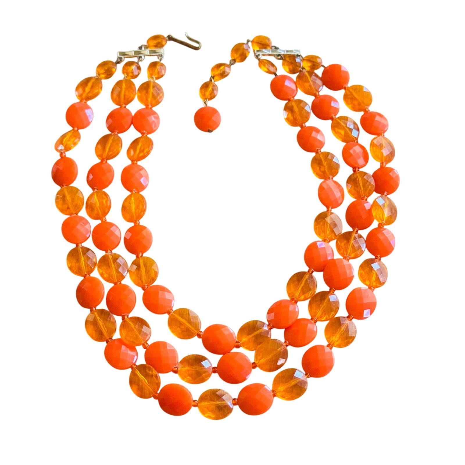 VTG Orange Lucite Beads Multi BIb Necklace Hong Kong Triple Strand Statement 50s
