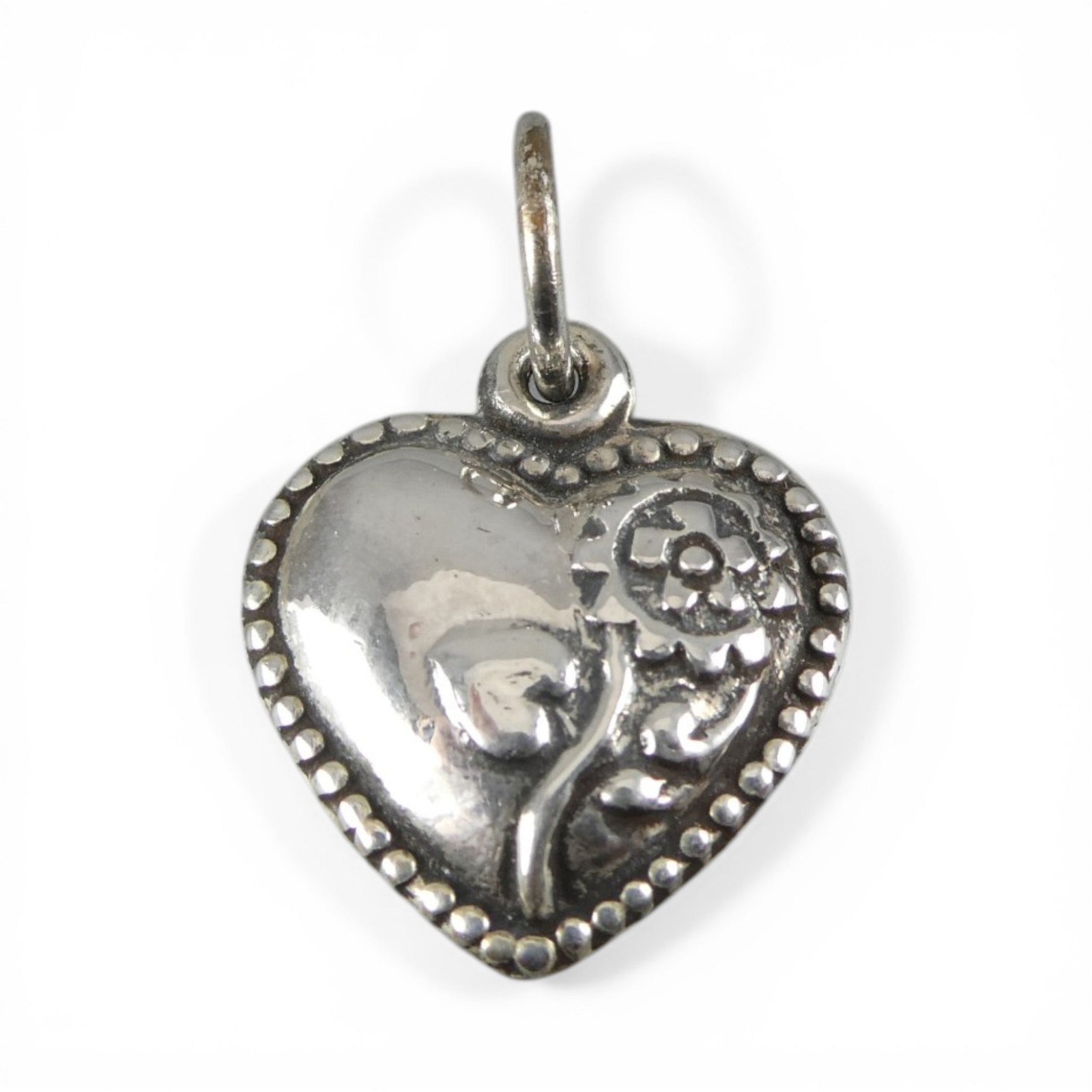 Sterling Silver Sunflower Puffy Heart Charm for Bracelet Beaded Vintage New 23