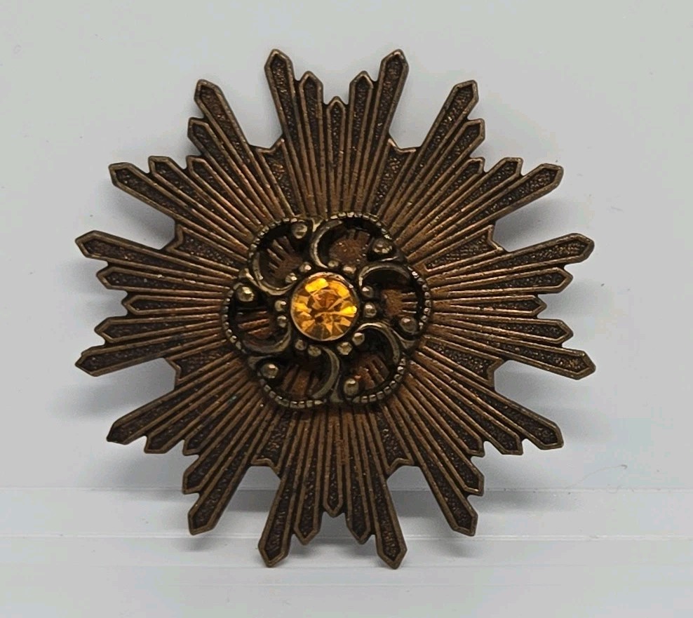 MCM Sunburst Brooch Pin Amber Tone rhinestone bronze color metal Art Deco
