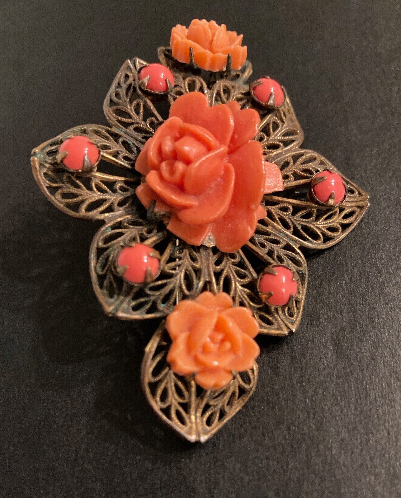 Vintage Rose Brooch Filigree Flower Floral Cut Out Prongs Leaf Peach Coral Pin