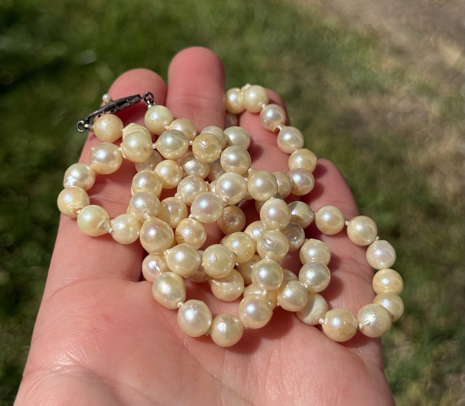 Vtg Art Deco Sterling Silver Pearl Clasp Baroque Akoya Hand Knotted Necklace 25”