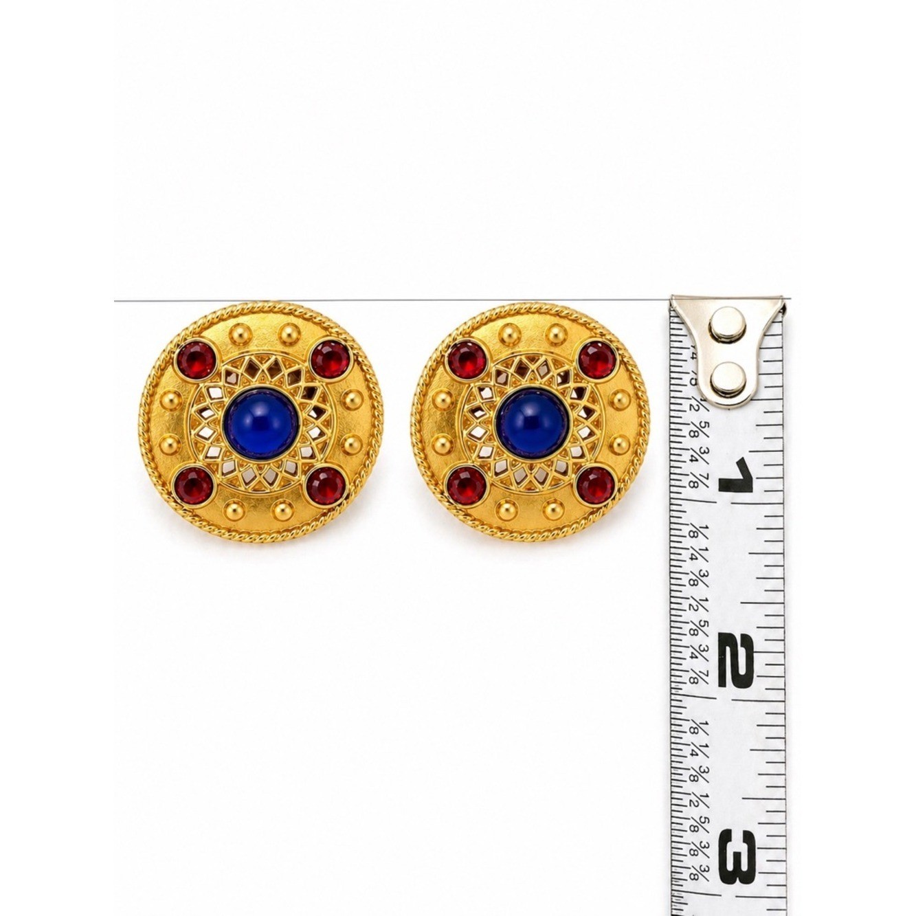 Vintage Style Gold Tone Statement Earrings Red Blue Cabochon Medallion Stud