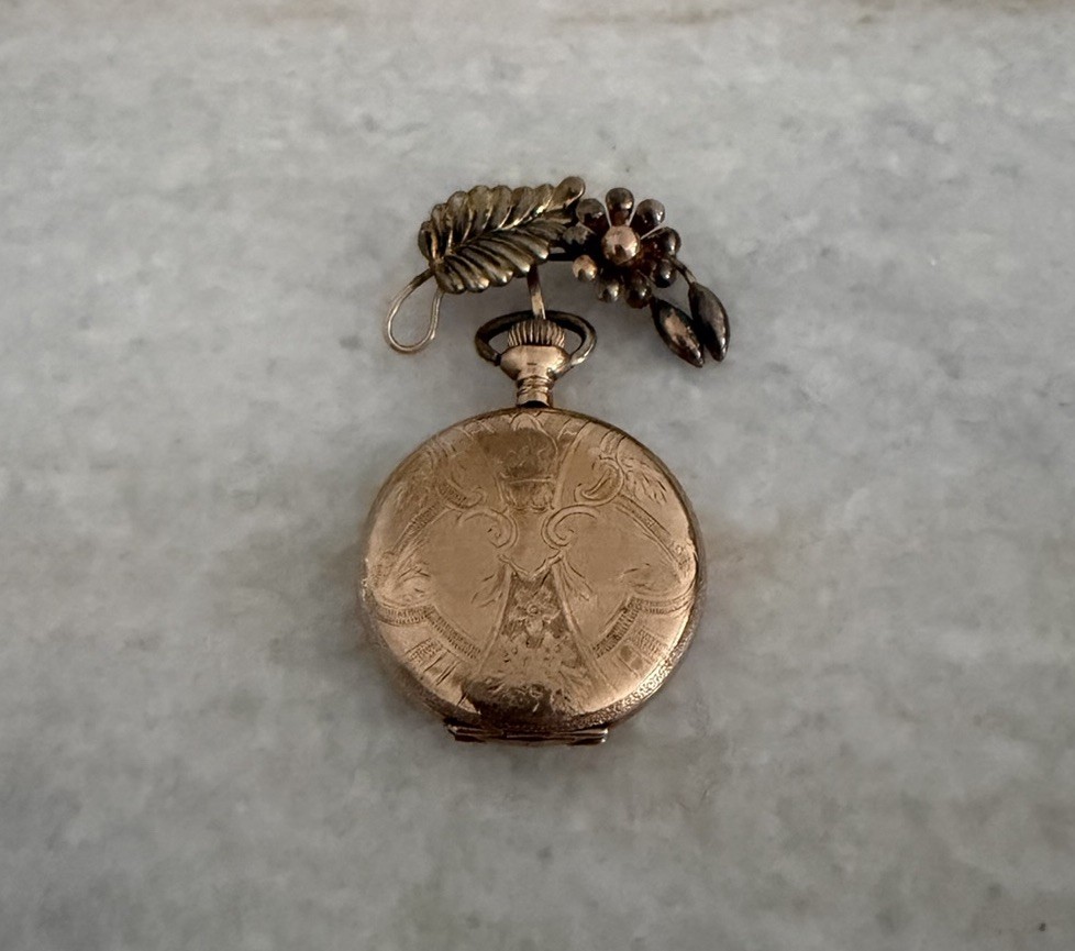 Vintage Gold Filled Elgin Scrolled Flower Works Pocket Watch On Pin Brooch