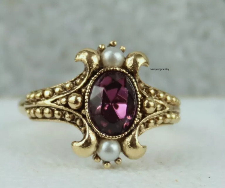 Edwardian 3Ct Oval Cut Purple Rhodolite Women’s Ring 14K Yellow Gold Plated