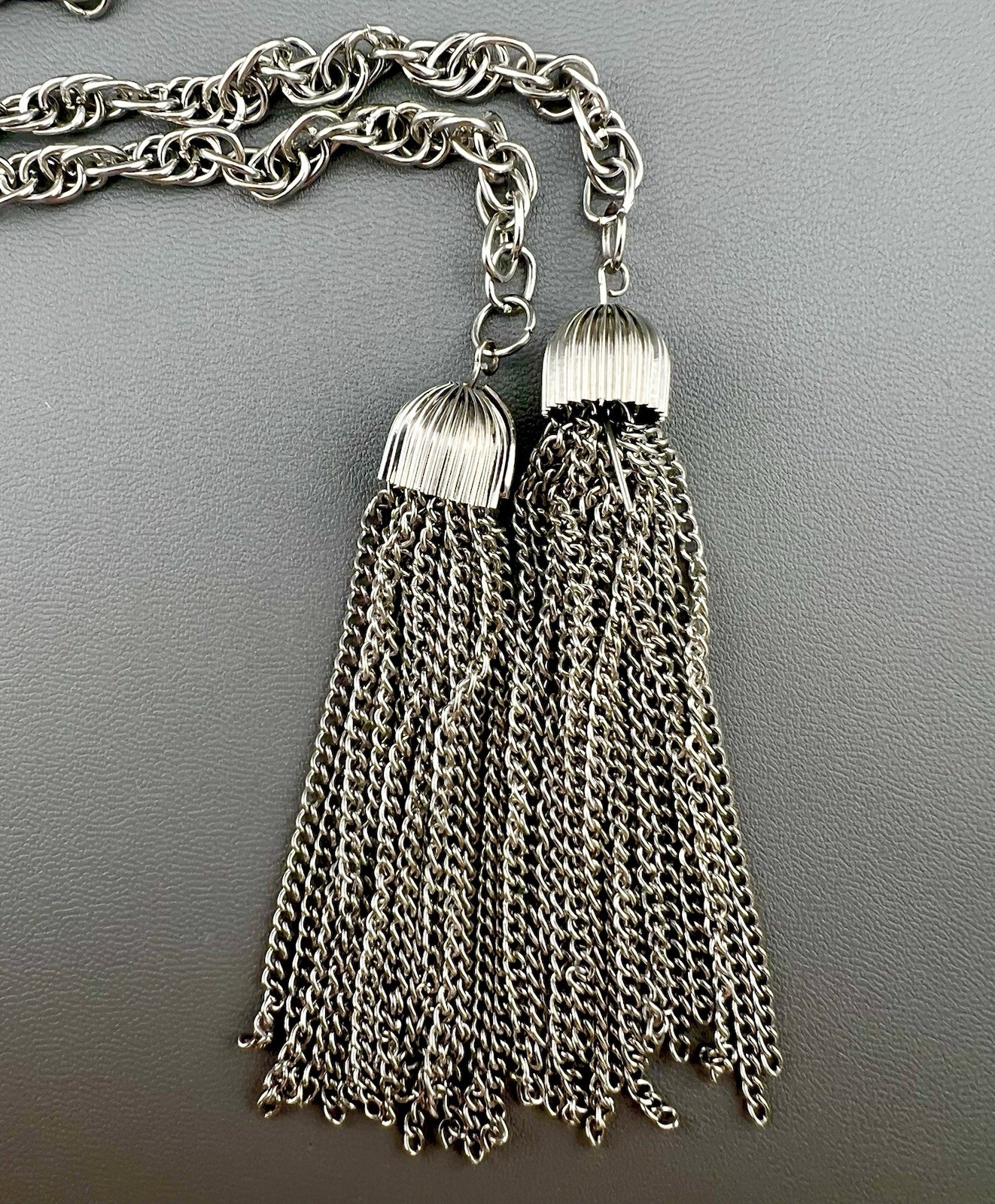 Vintage Tassel Necklace Rhinestone Bolo Style Silver Tone Chain 26”
