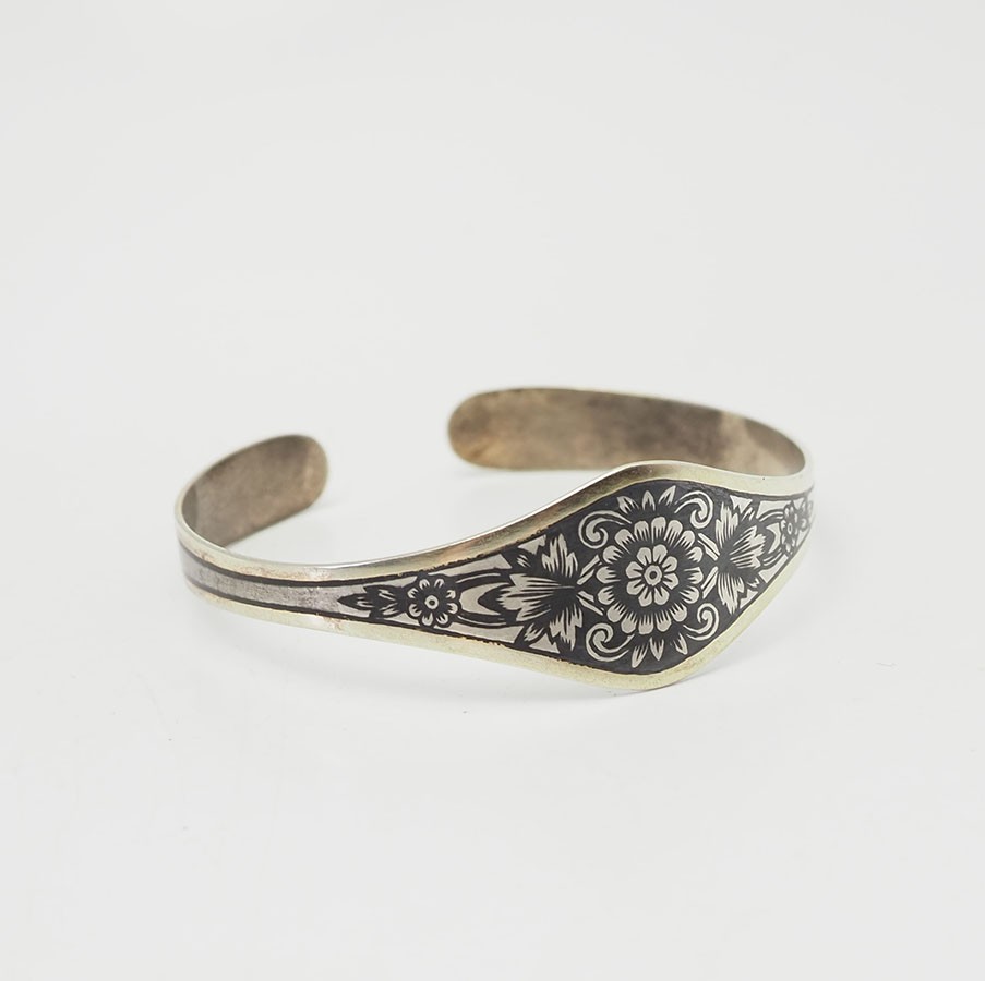 Vintage niello 875 silver floral ethnic traditional cuff bracelet Soviet Russia