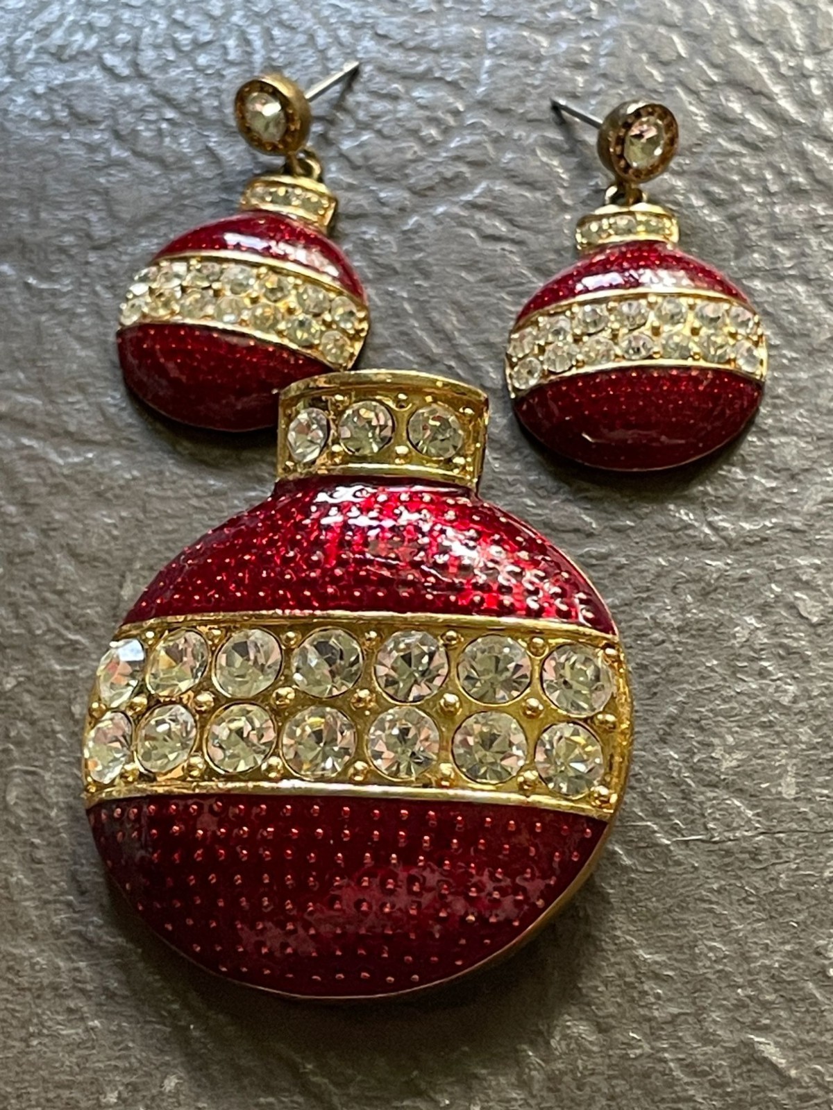 Vintage Eisenberg Ice Christmas Ornament Brooch Earrings Set Red Enamel Pin