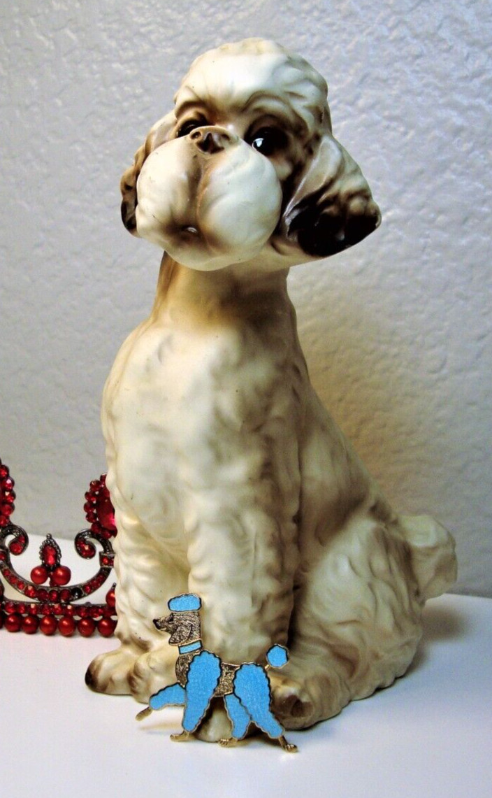 Blue Enamel Cloisonne/Guilloche Goldtone Poodle Brooch & Poodle Statue-Figurine