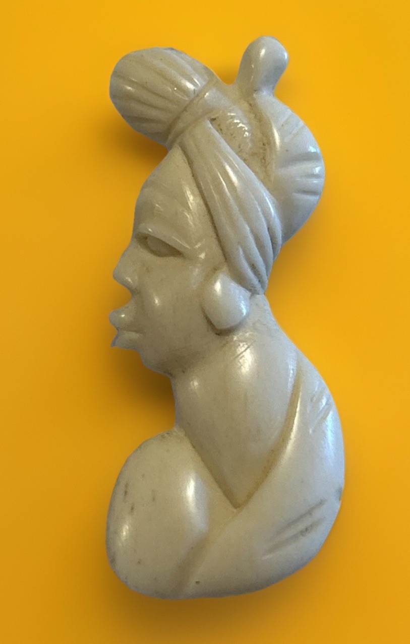 Art Deco Eye Catching Carved Bovine Bone African Profile Brooch C Clasp
