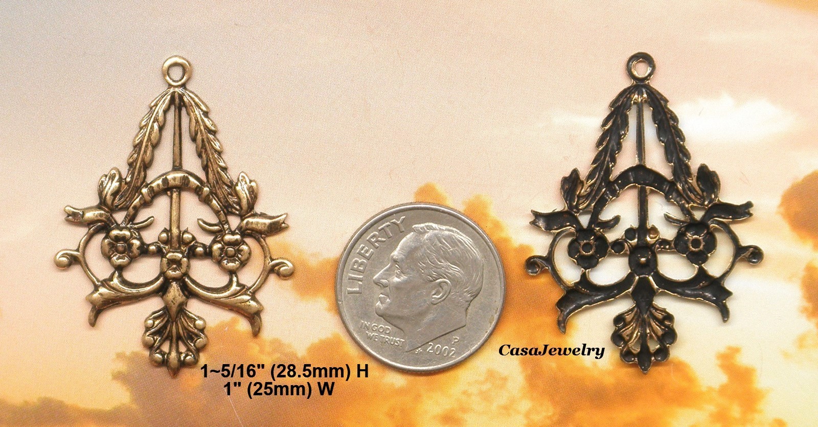 #0186 ANTIQUED GOLD OPEN FLORAL & LEAF DROP W/TOP HANG RING – 2 Pc Lot