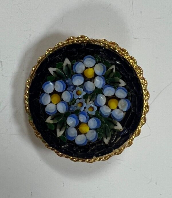 Blue & Gold Mosaic Brooch Flower Pin with Italy marked on the back