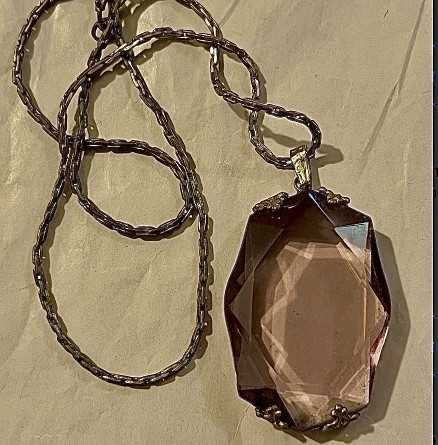 Vtg Antique 1920’s Art Deco Purple Amethyst Faceted Glass Pendant 15″ Necklace
